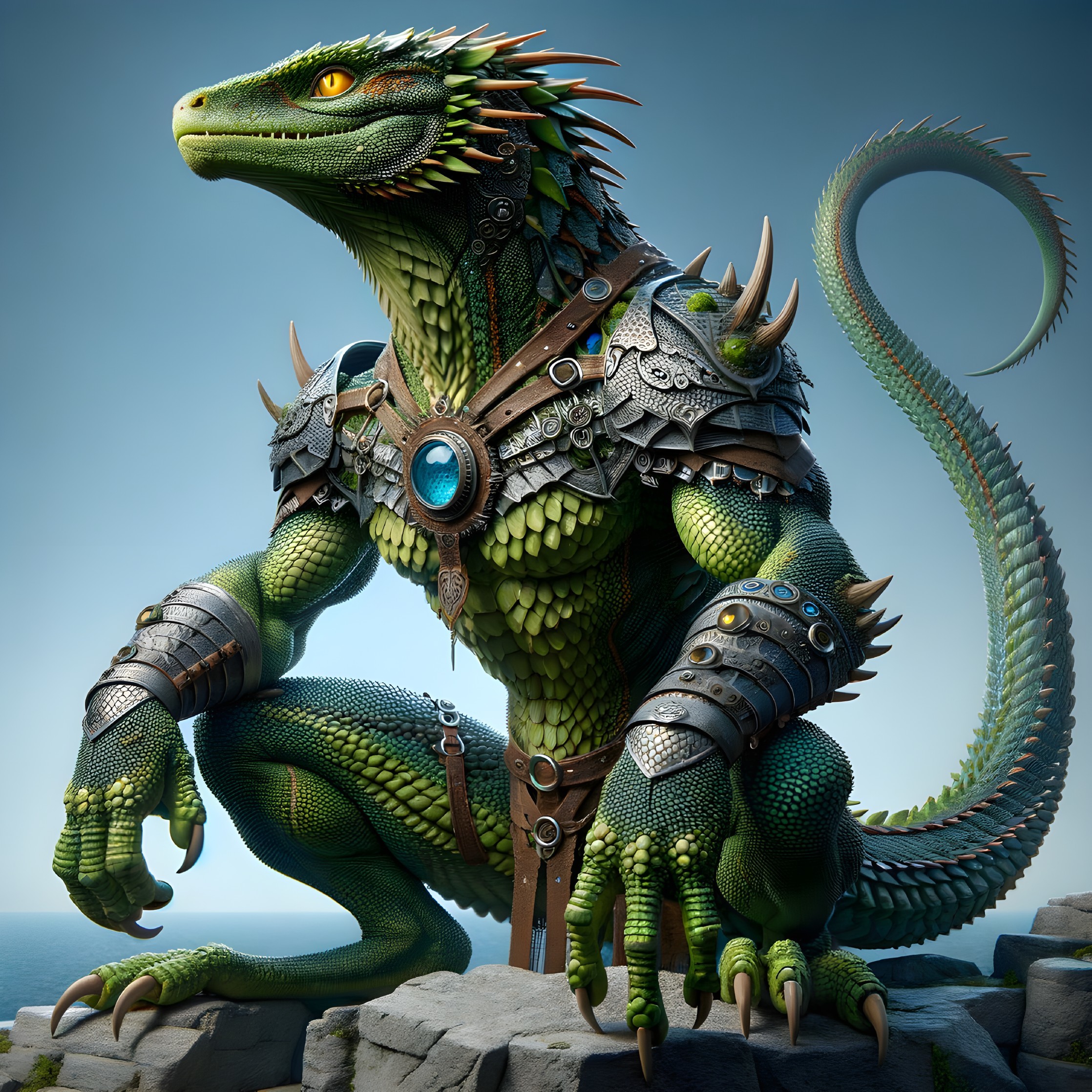 Humanoid Lizard Creature on Rocky Outcrop by Sea