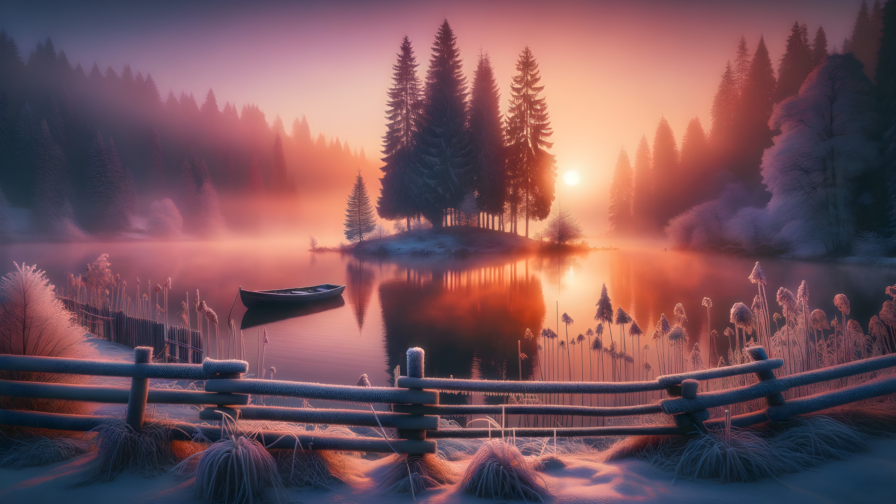 Misty Dawn Landscape with Lake and Pine Trees