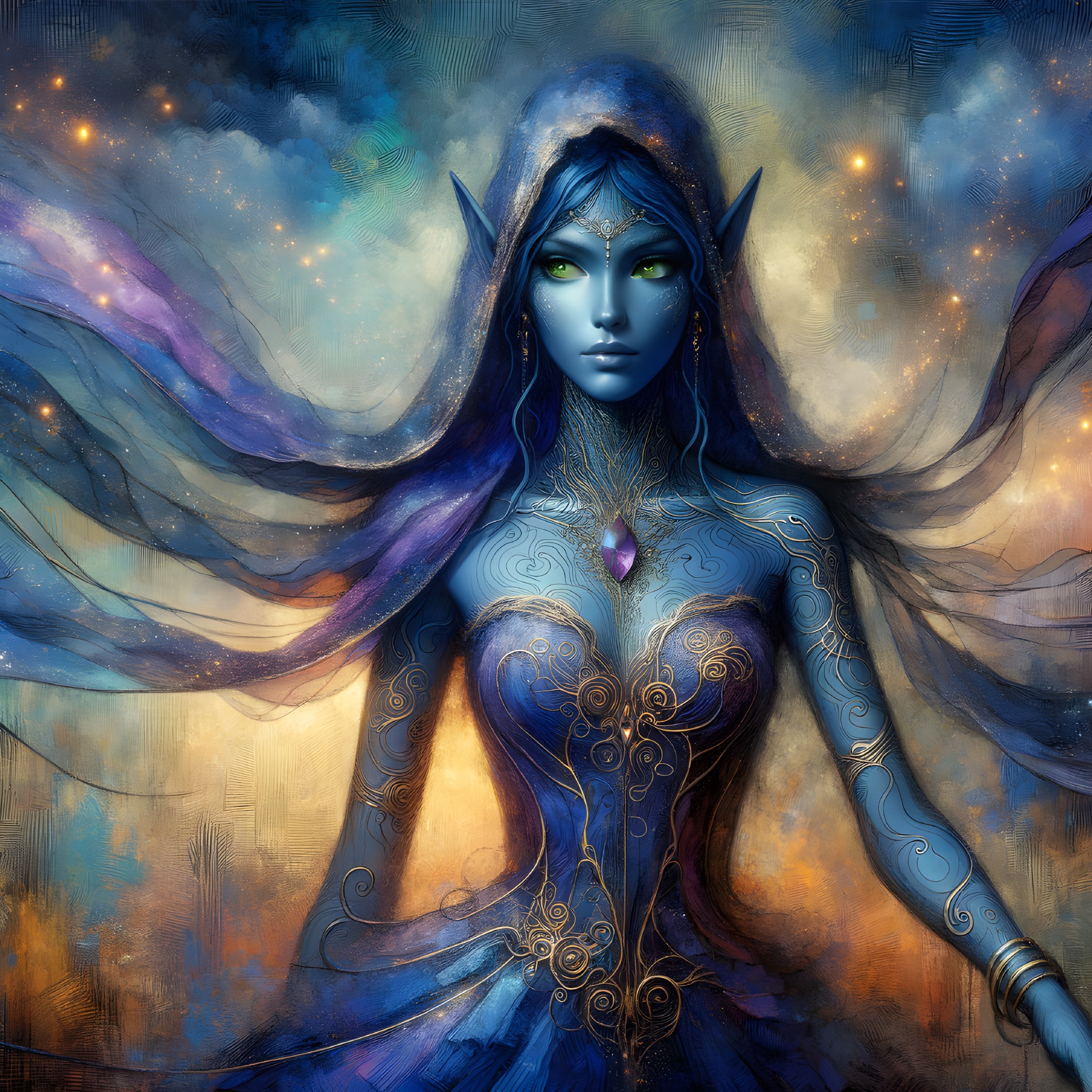 Mystical Figure with Green Eyes and Blue Skin in Cosmos