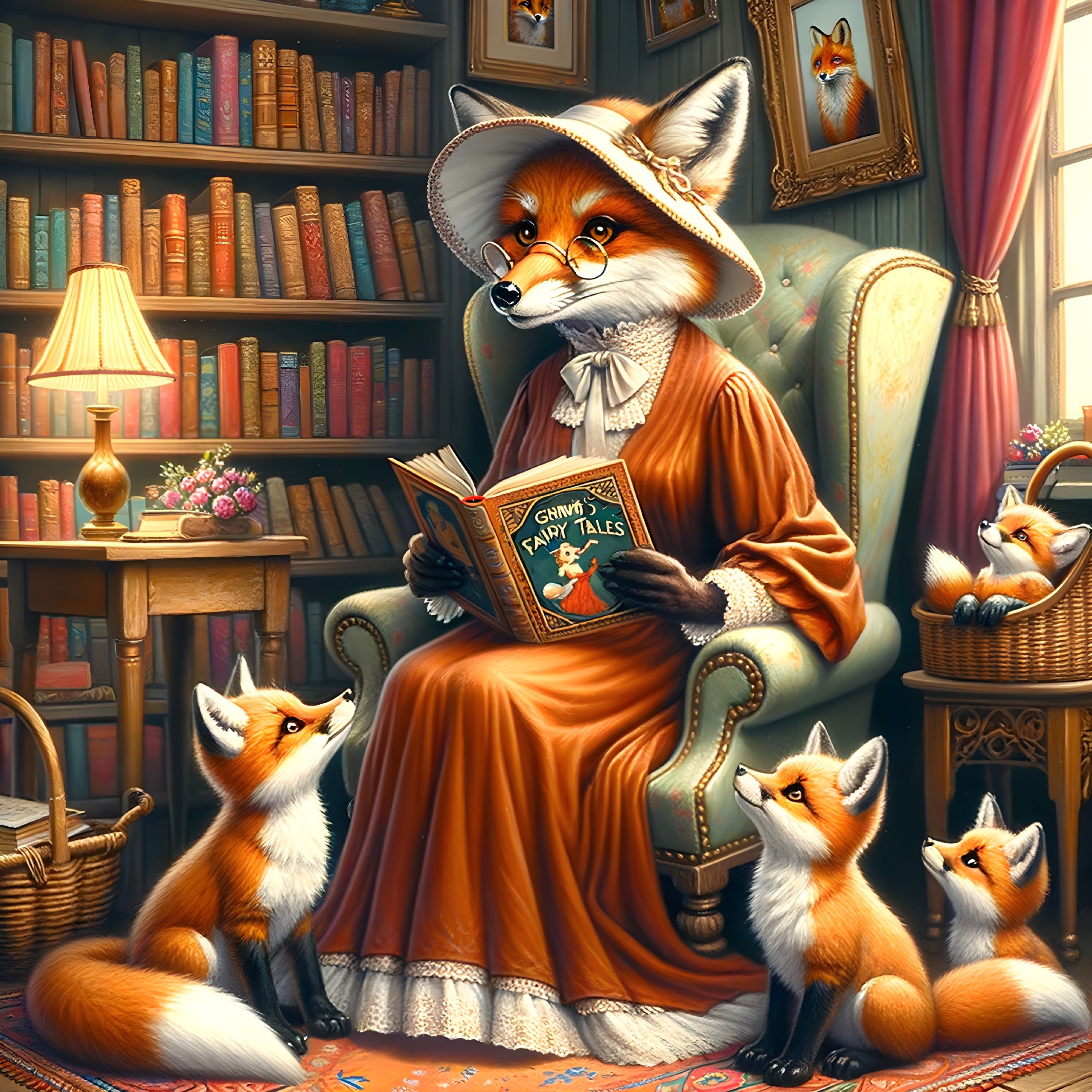 Fox in Dress Reads Fairy Tales to Young Foxes in Library