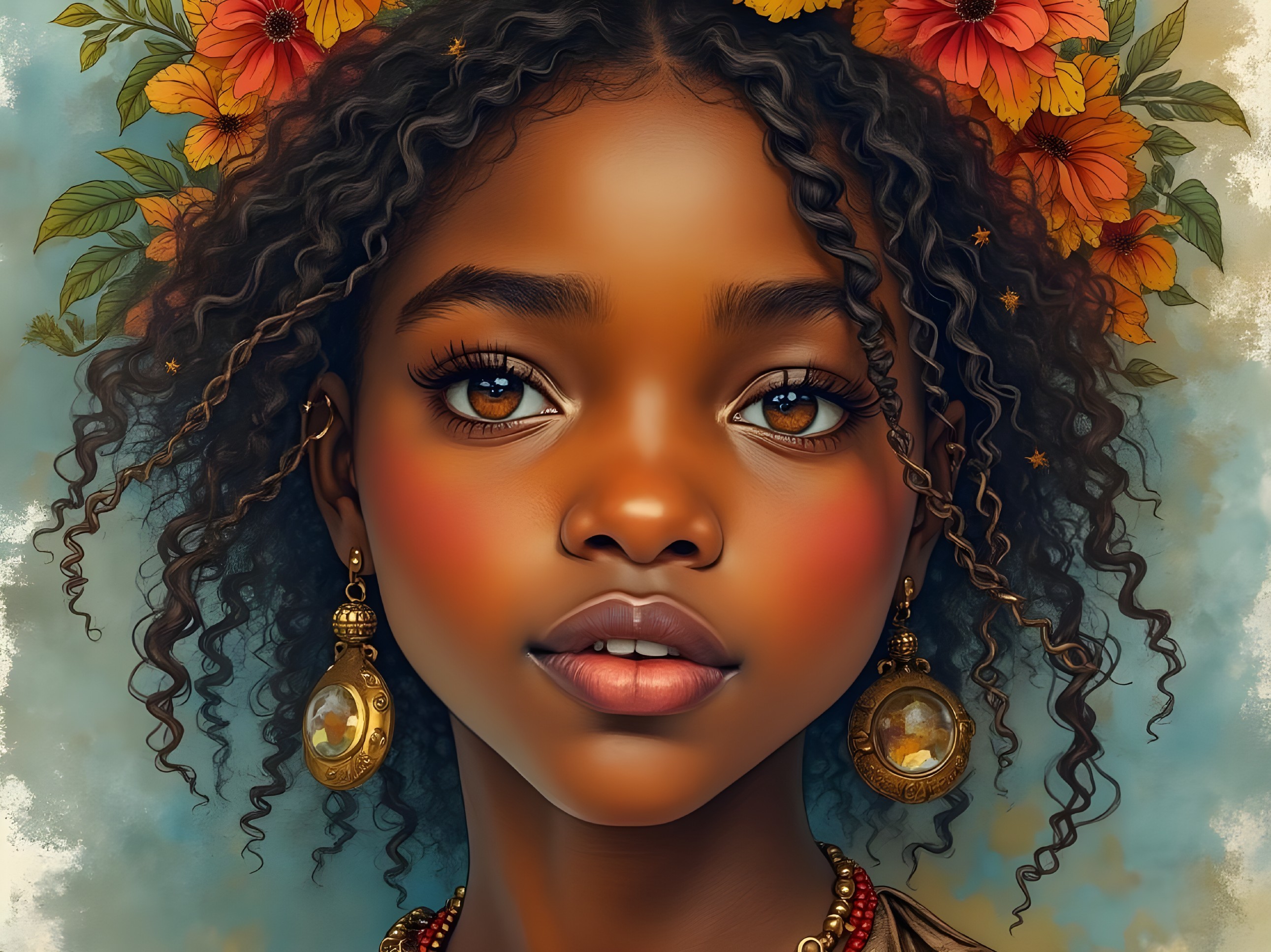 Young girl with curly hair and floral accessories