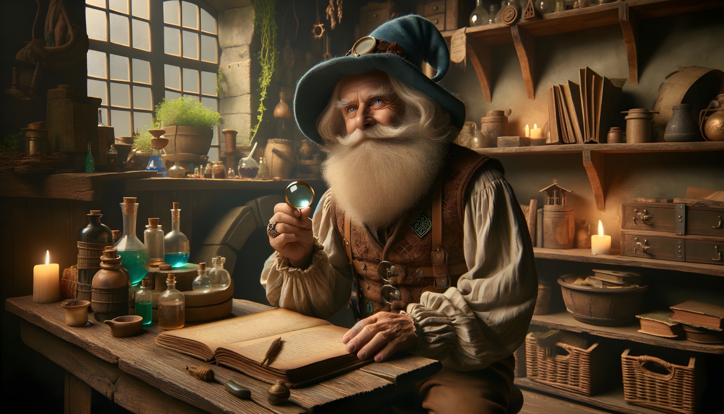 Elderly wizard studying spellbook at cluttered table
