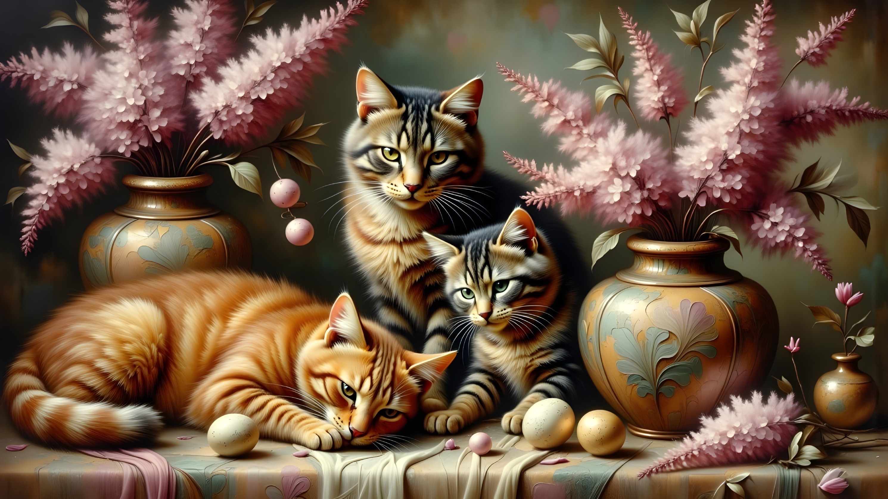 Trio of Cats Among Decorative Vases and Pink Flowers