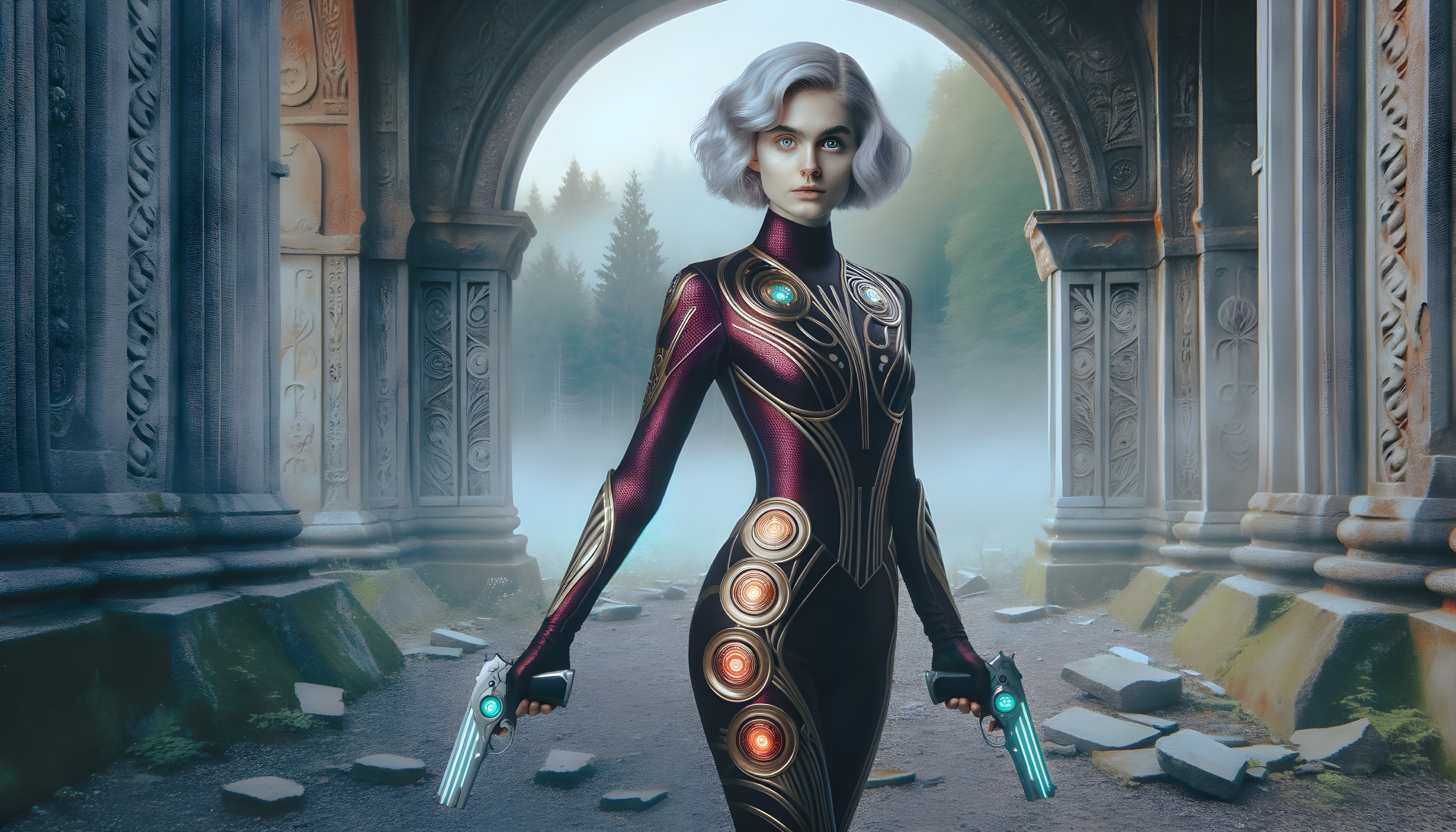 Futuristic Figure in Mystical Ancient Setting