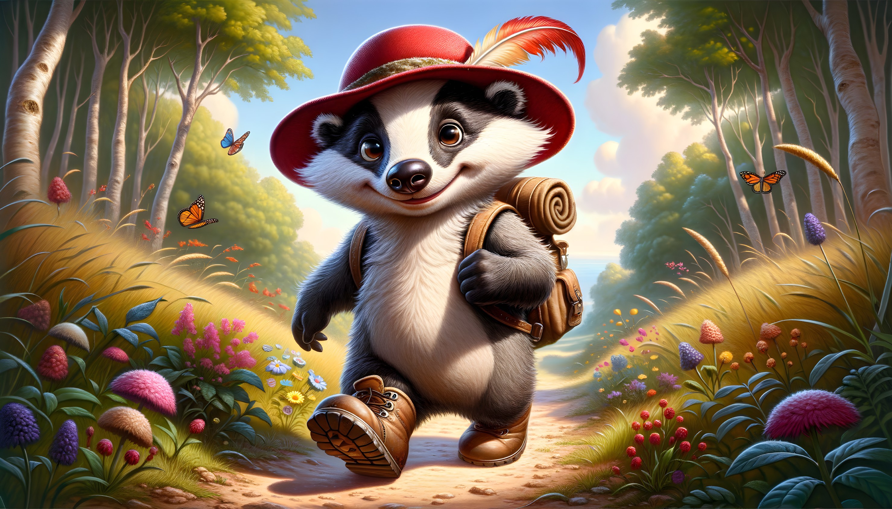 Cheerful cartoon badger on a colorful forest path
