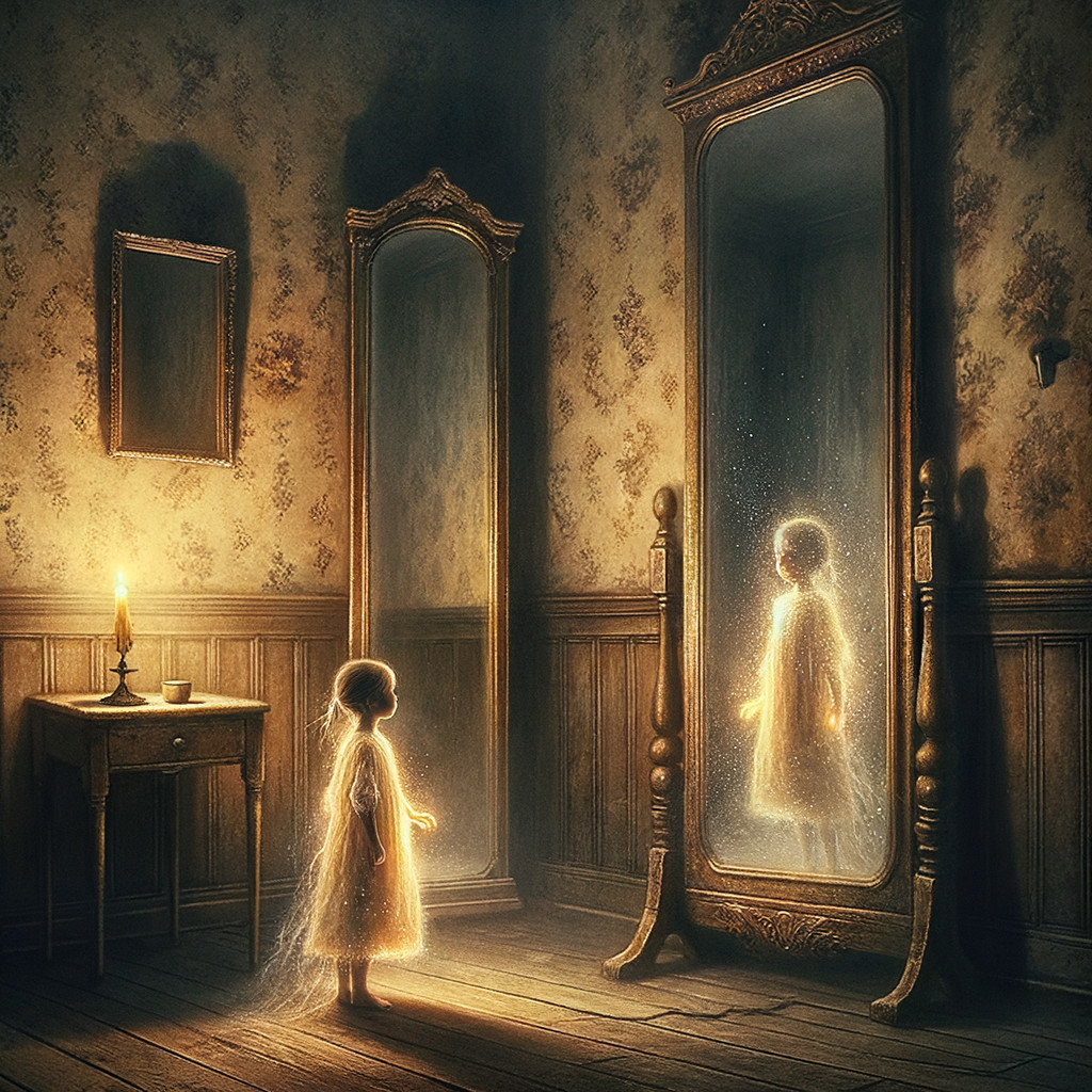 Young girl in vintage room with glowing mirror reflection