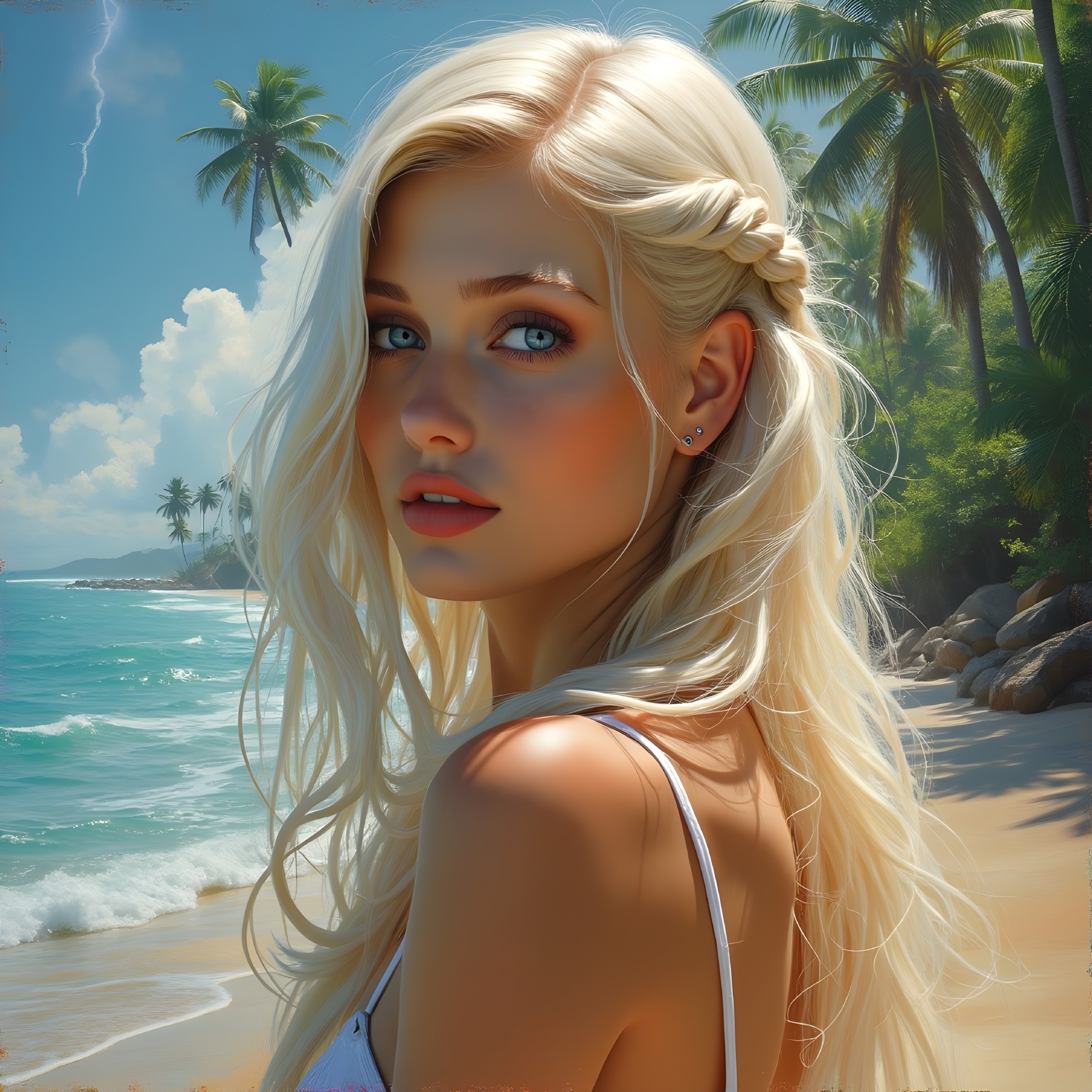 Young Woman on Tropical Beach with Palm Trees