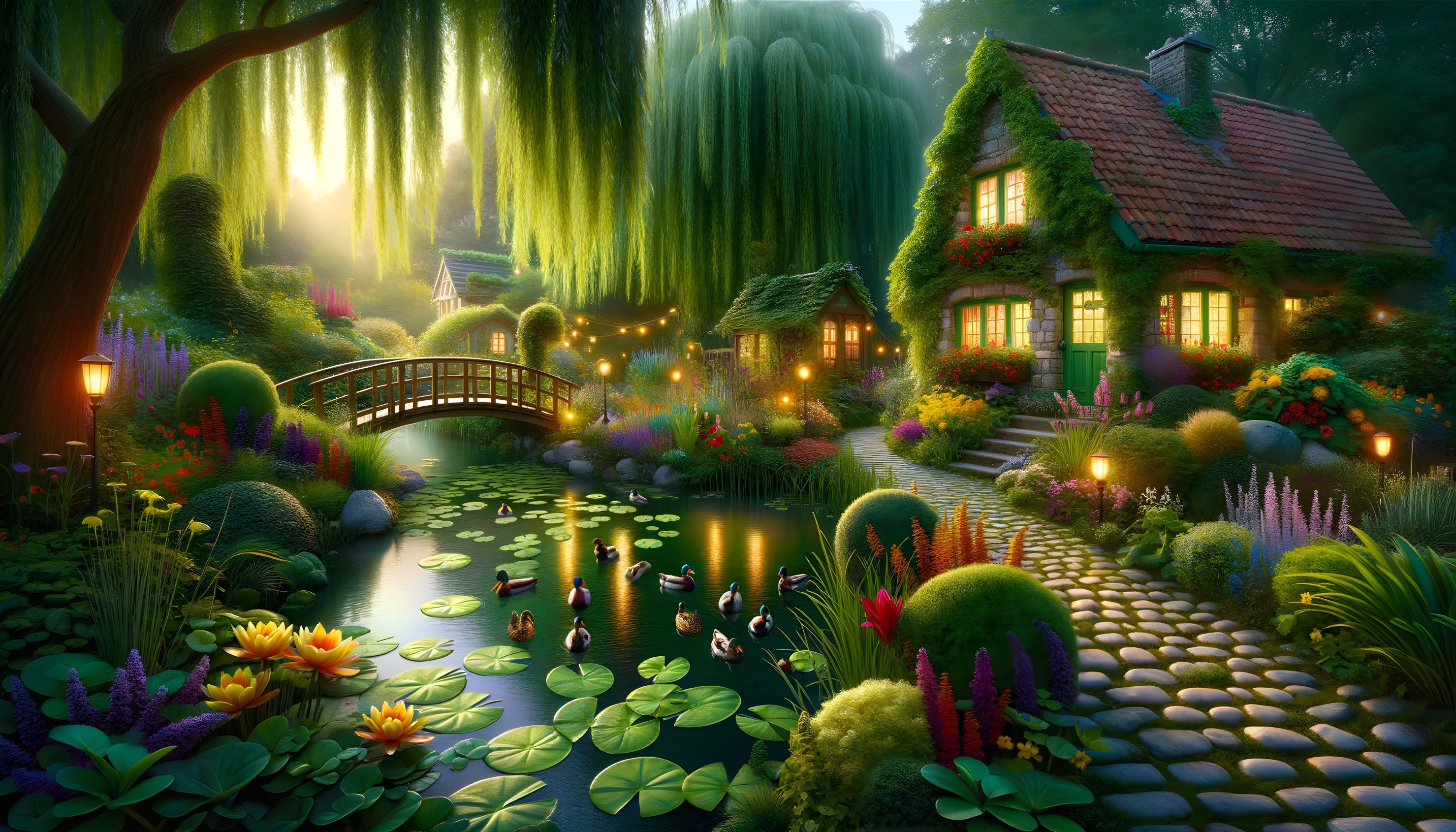 Charming cottage surrounded by greenery and flowers