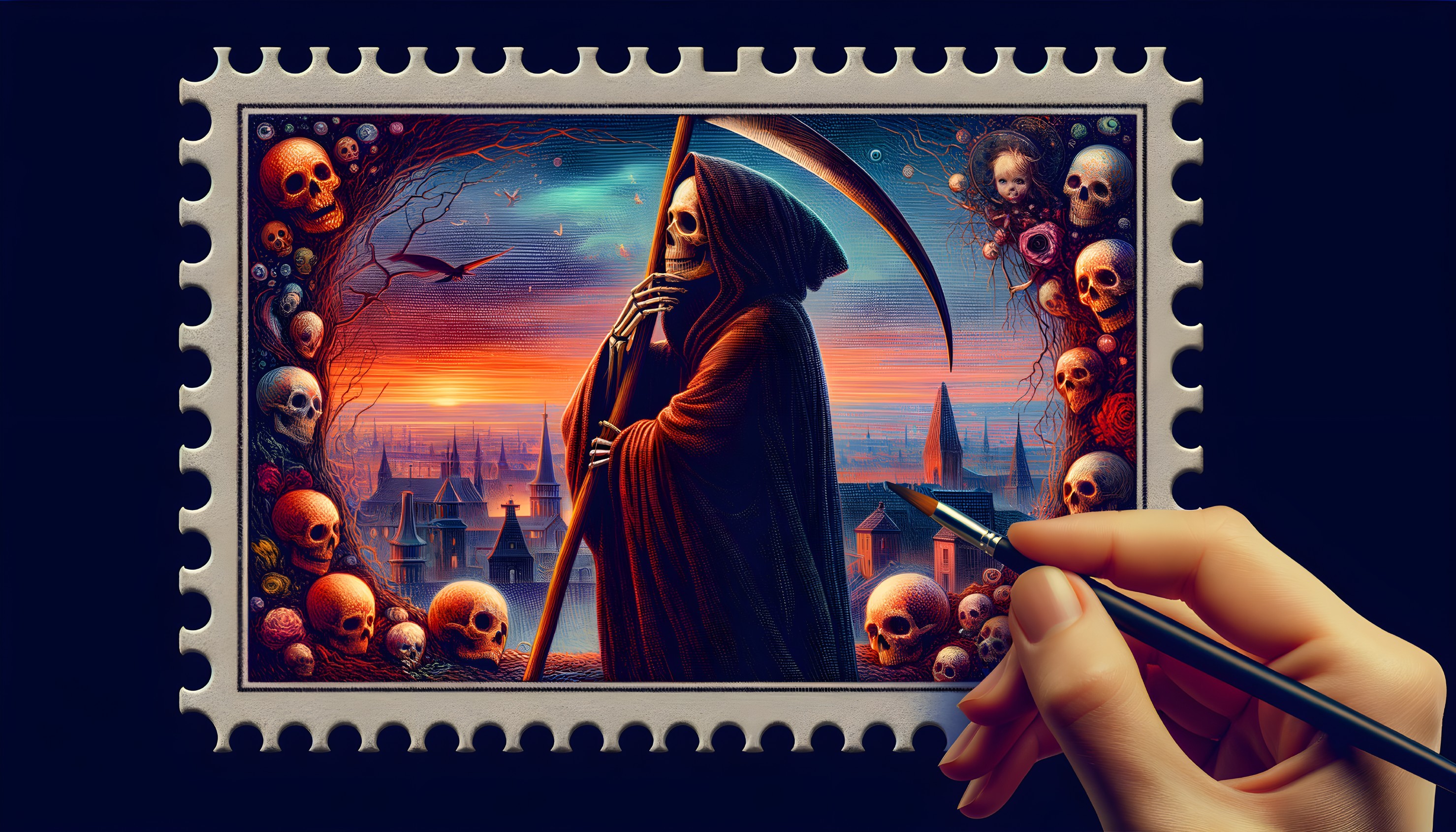 Surreal Stamp Design with Skeleton and Sunset Skyline