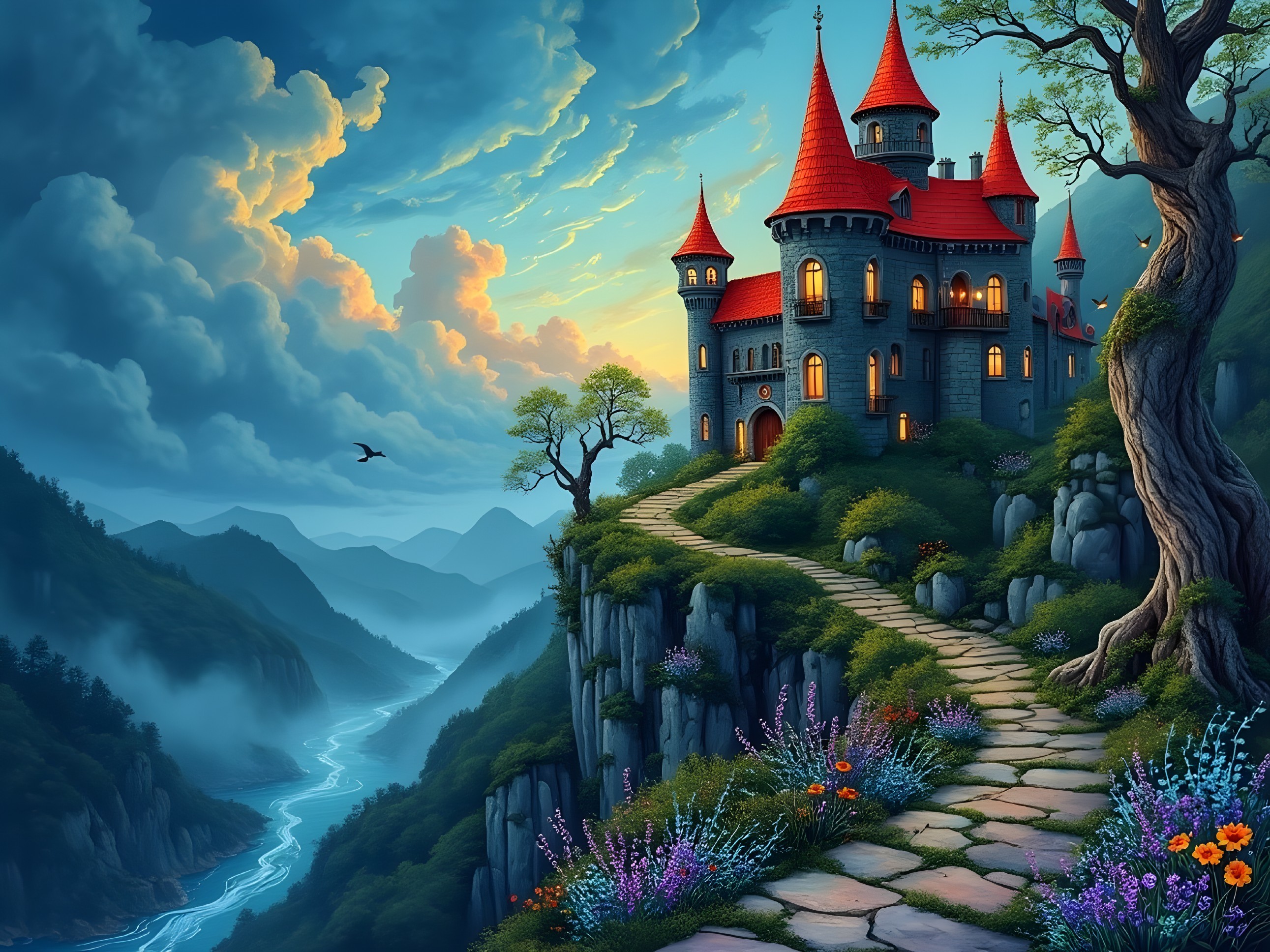 Majestic castle with red turrets on rocky cliff