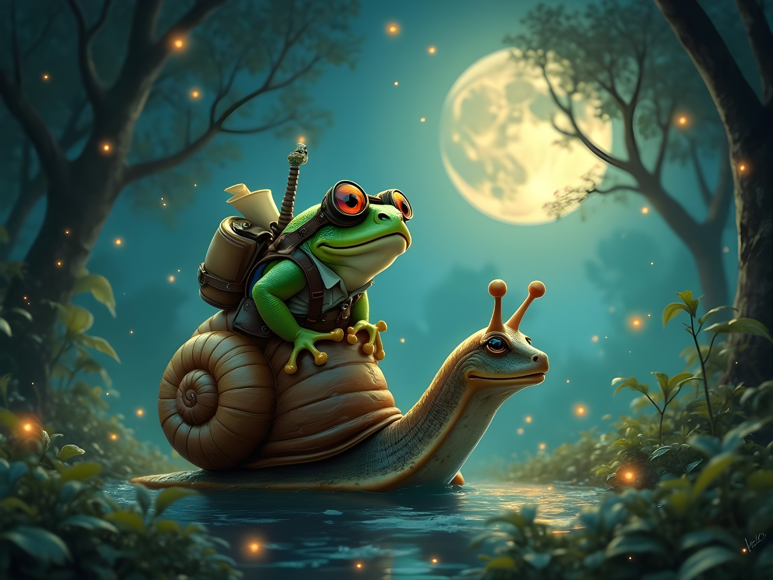 Whimsical Night Scene with Frog and Snail Adventure