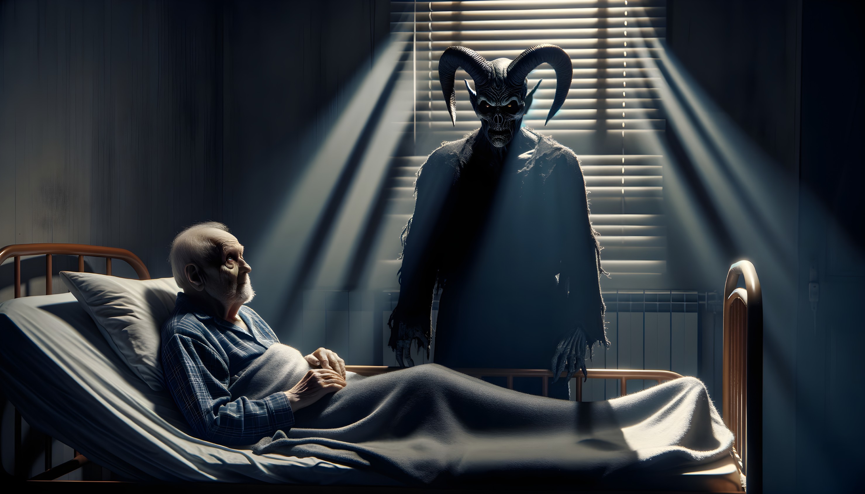 Goat-like Figure Over Elderly Person in Dark Hospital Room