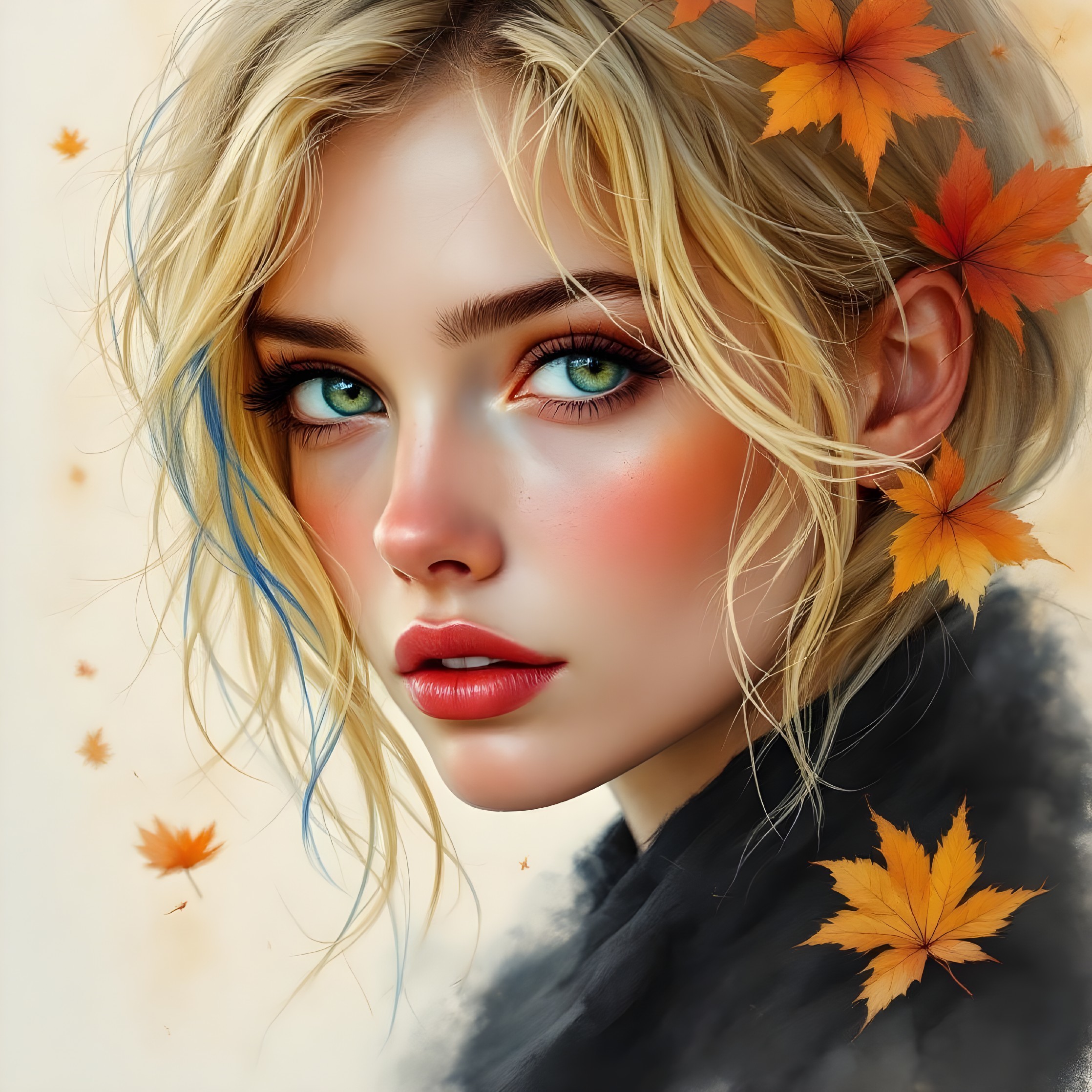 Close-Up Portrait of a Young Woman in Autumn Leaves