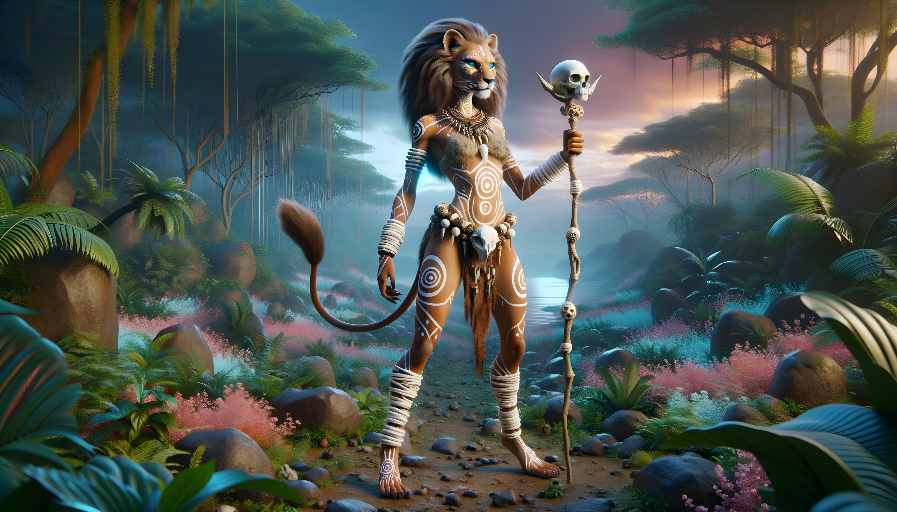 Lion-Human Hybrid in a Mystical Forest Setting