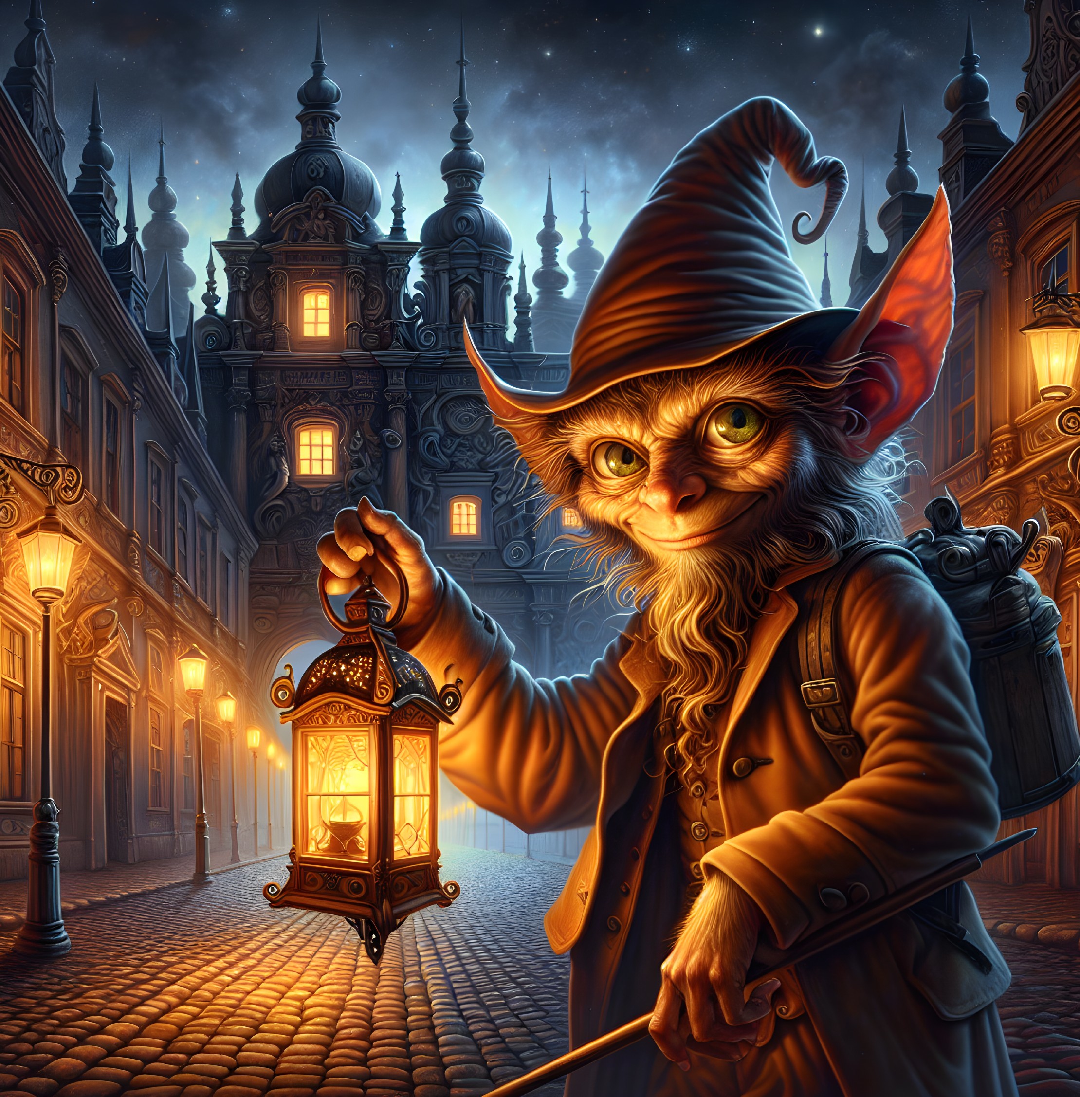 Whimsical Goblin in Lantern-Lit Gothic Alley