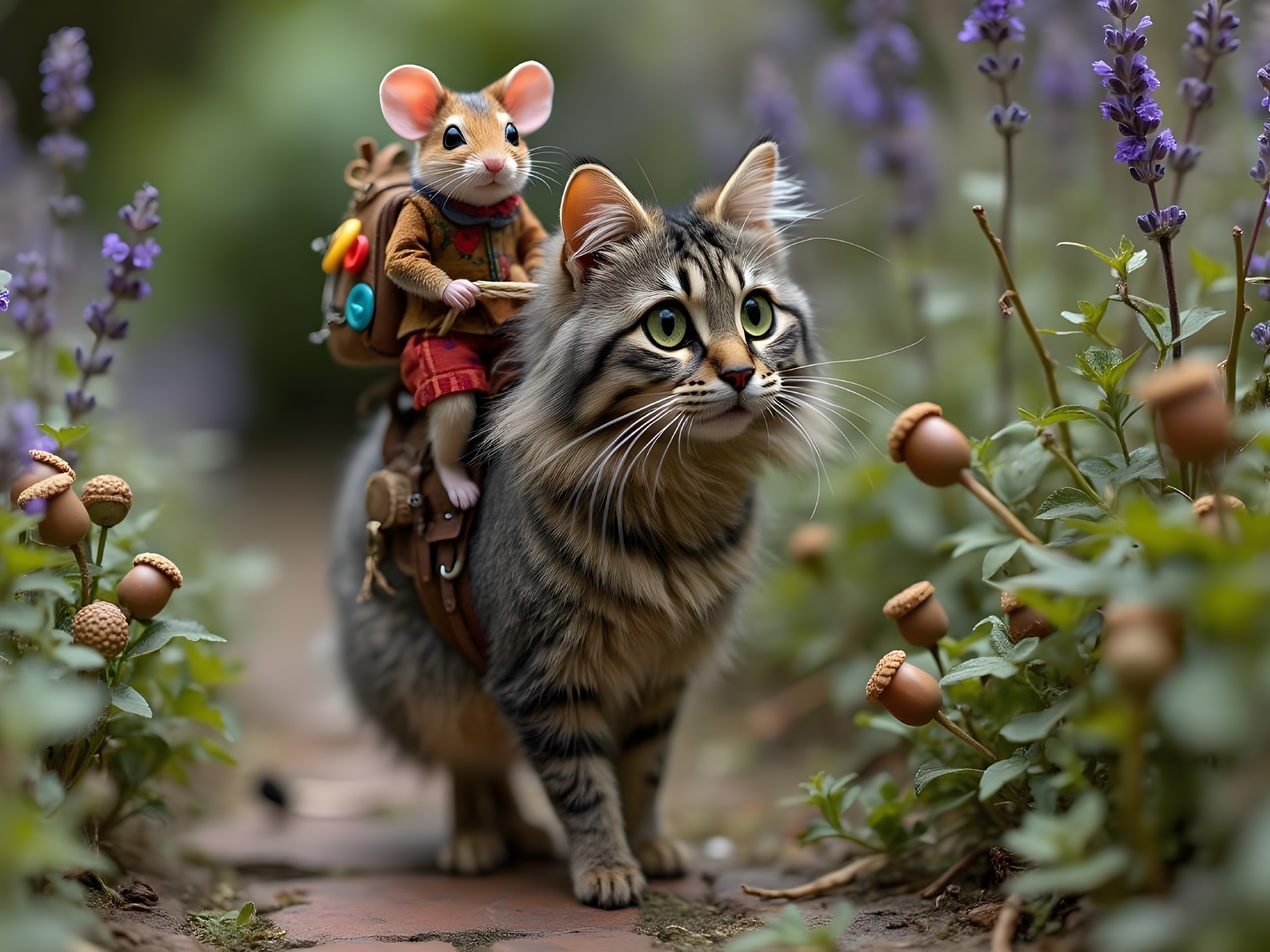 Fluffy Tabby Cat and Mouse in Whimsical Garden
