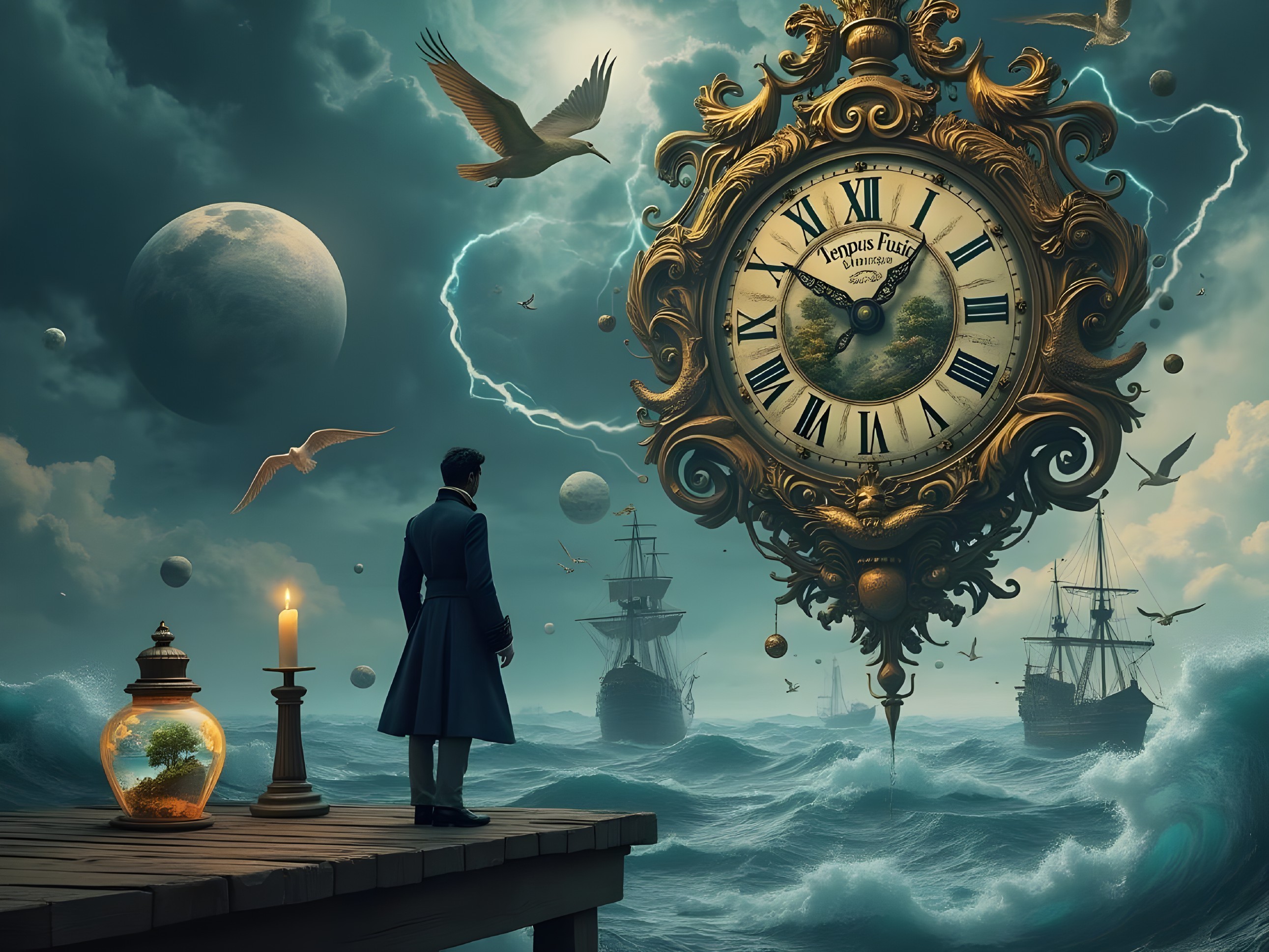 Surreal Scene of a Man and Ornate Clock in Stormy Sky