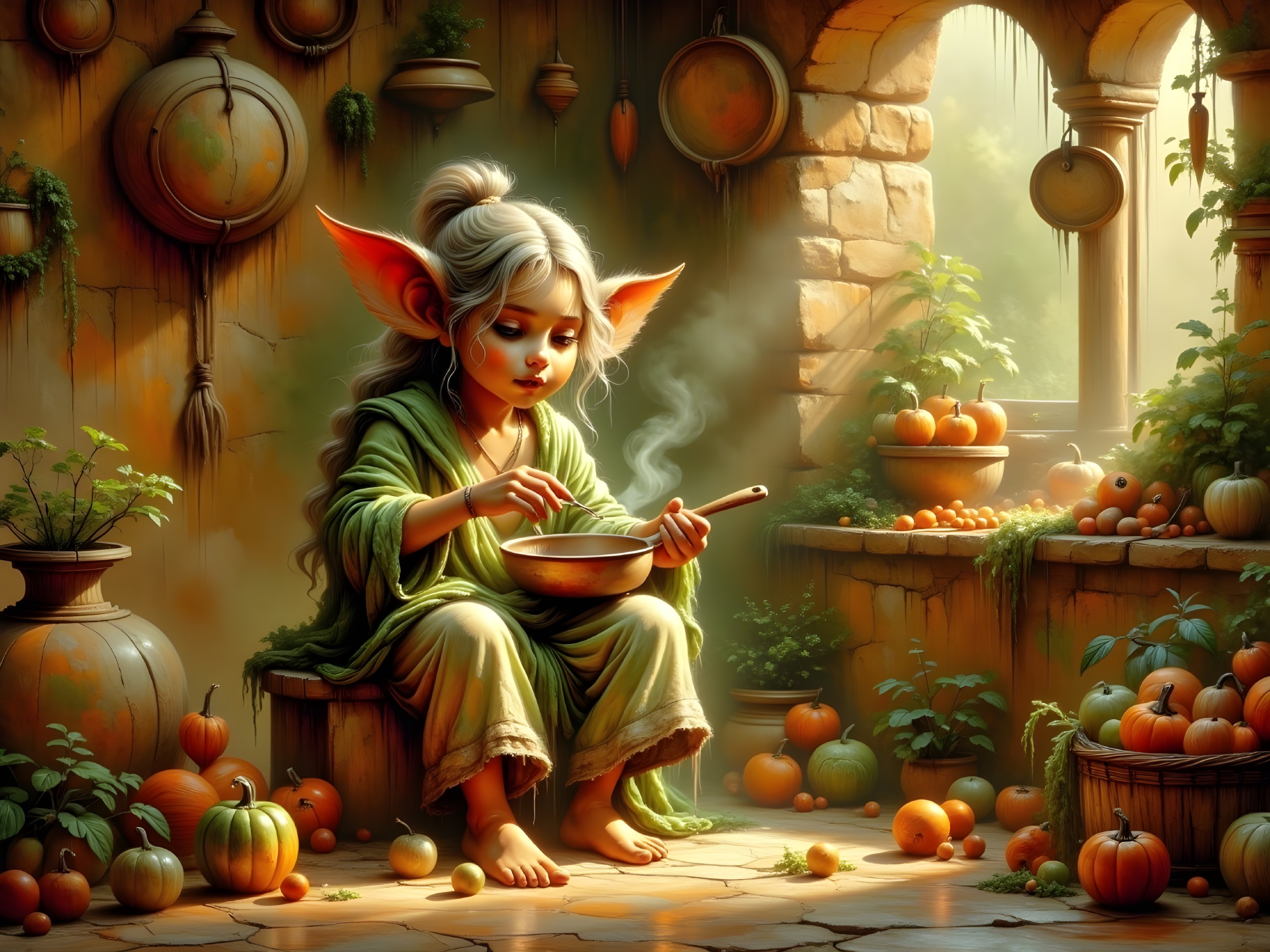Fairy Cooking Soup in a Cozy Autumn Room