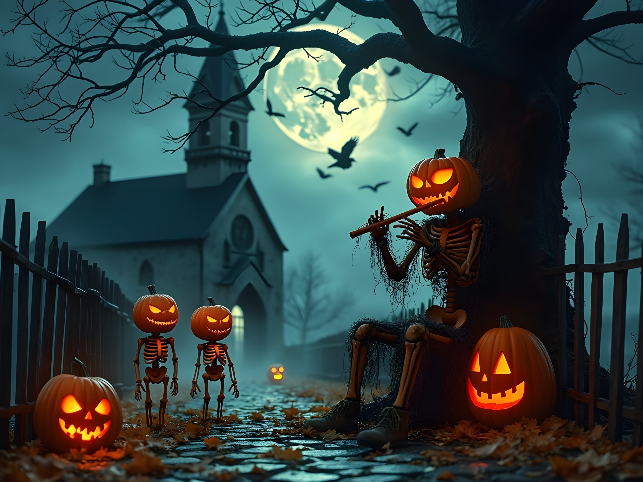 Skeleton Playing Flute in Misty Graveyard Scene