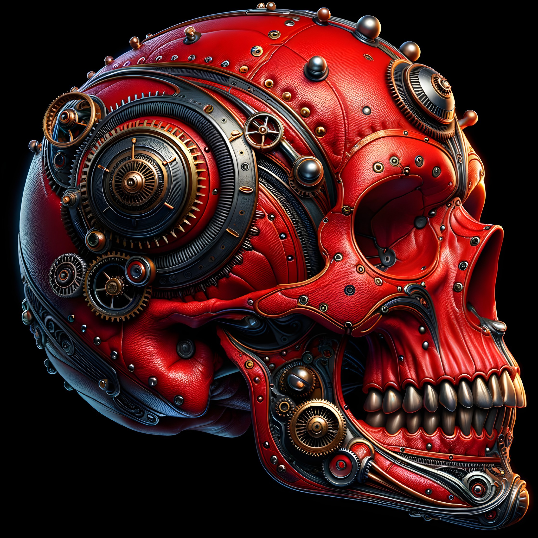 Red Skull with Steampunk Gears and Metallic Accents