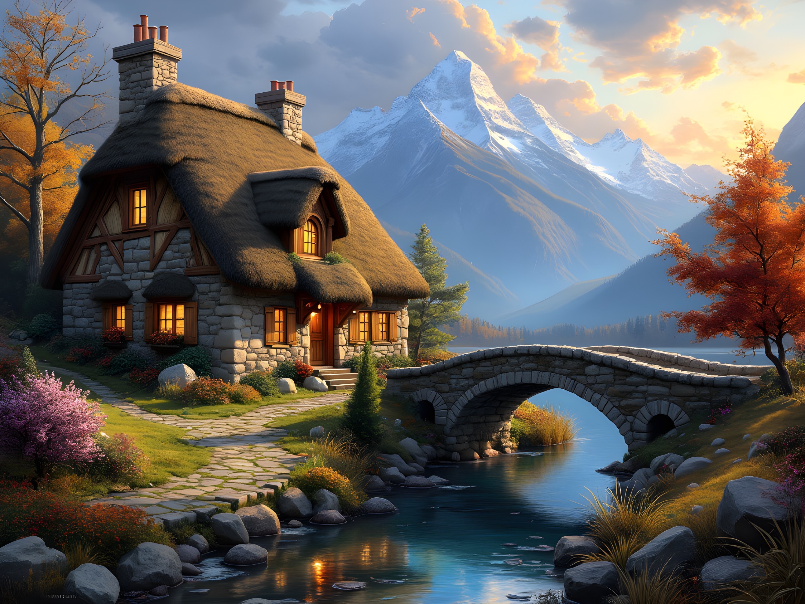 Charming Cottage by Serene River in Autumn Foliage