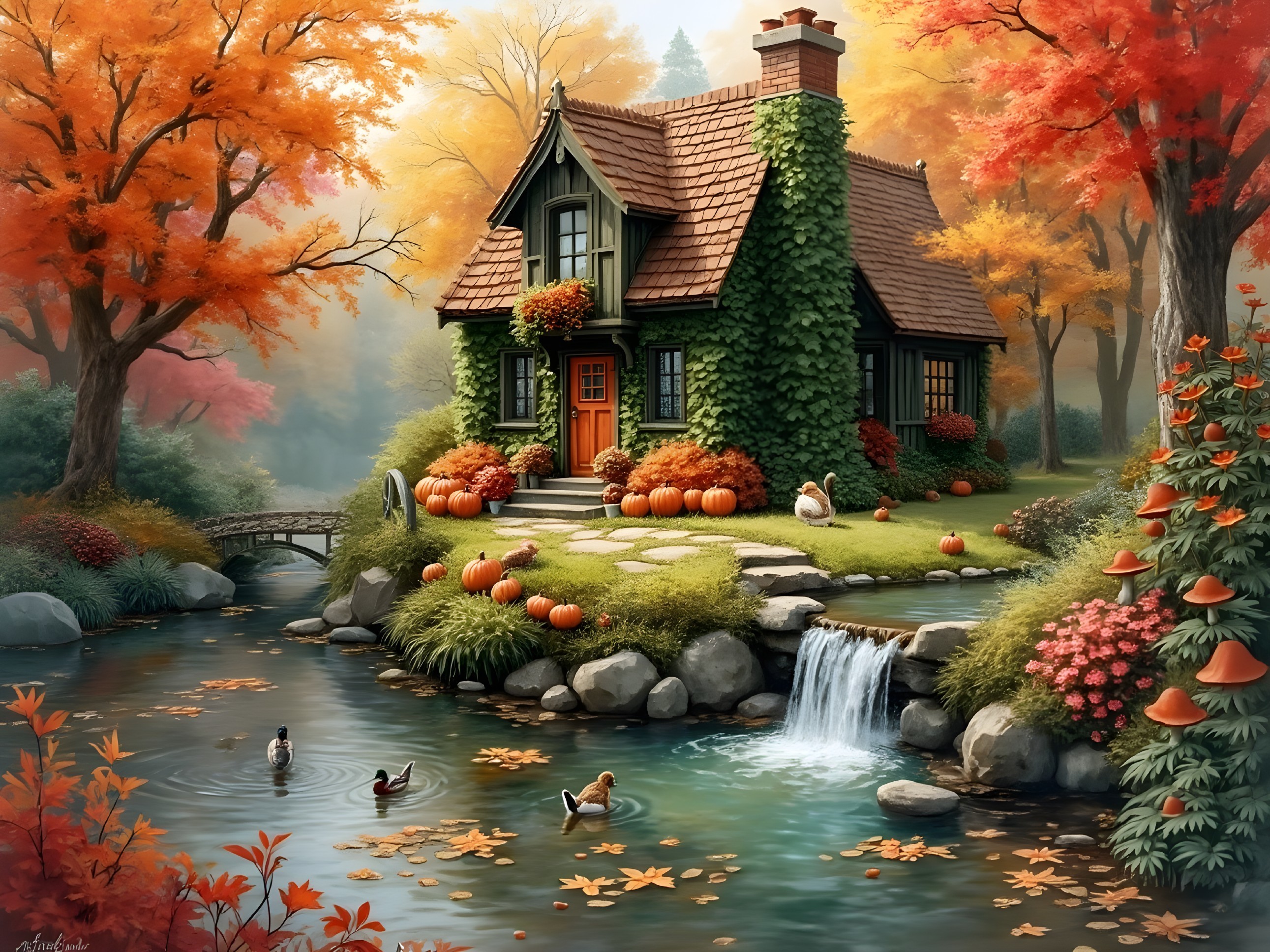 Charming Cottage in Vibrant Autumn Landscape