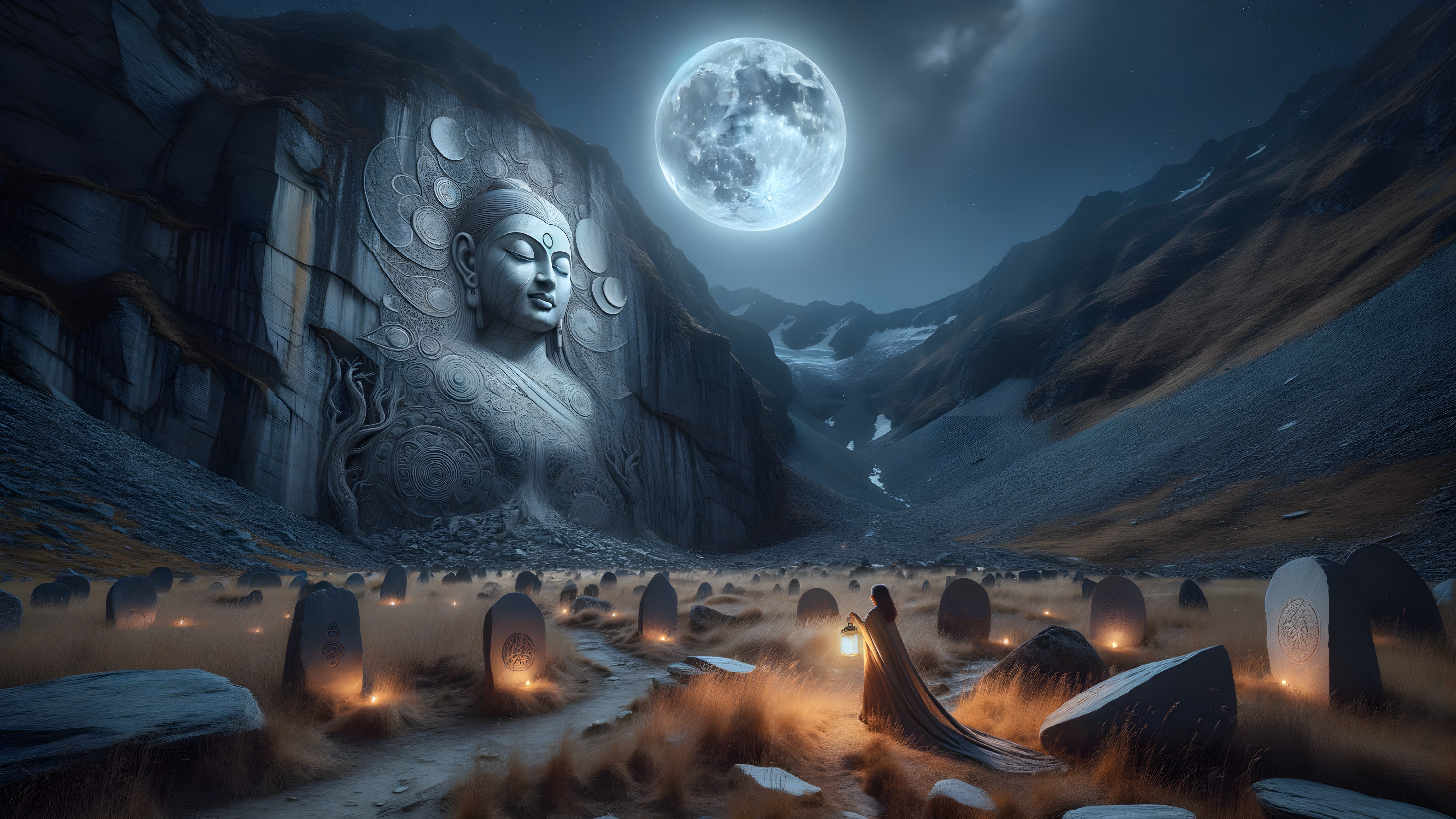 Giant Buddha Face in Serene Moonlit Landscape
