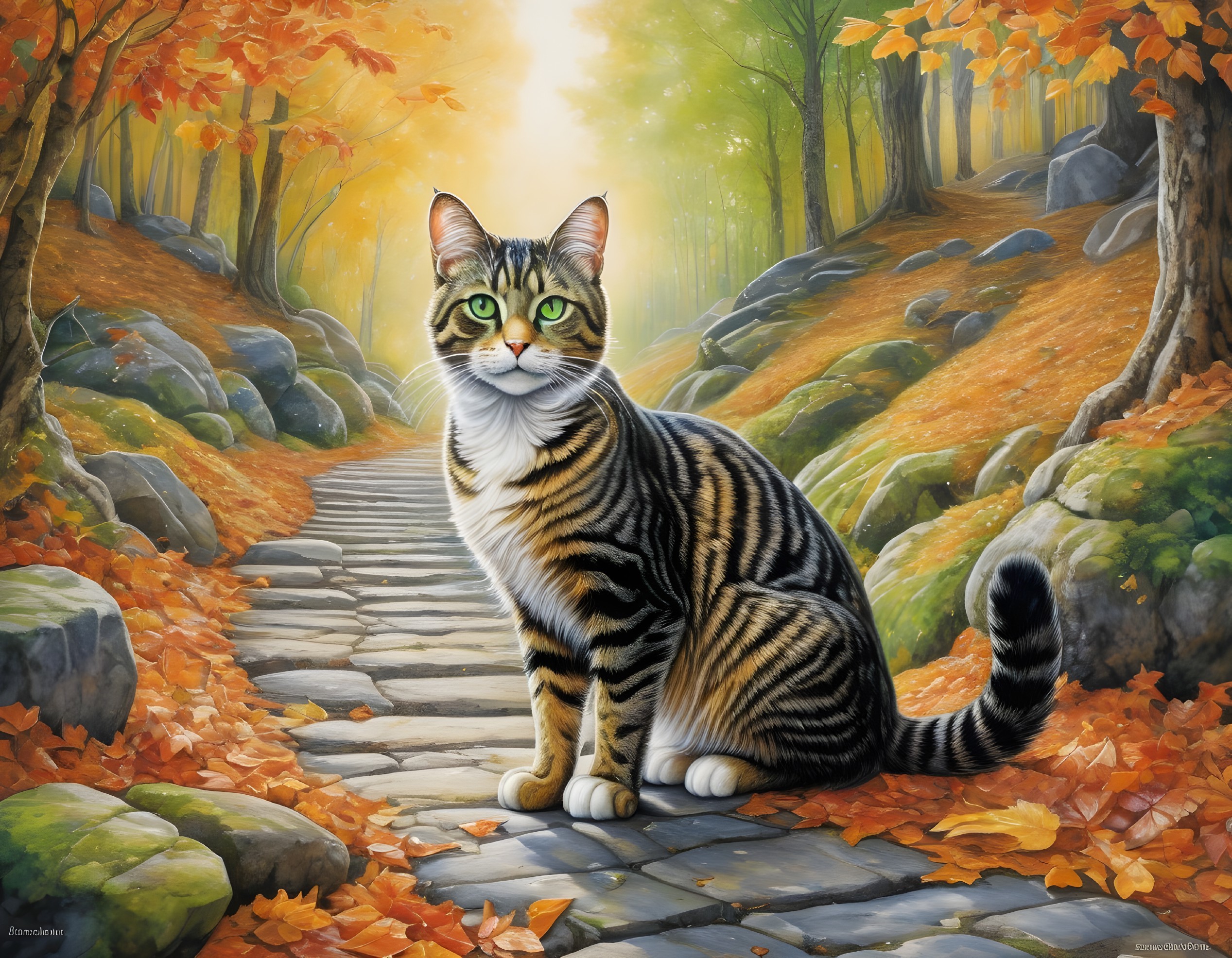 Tabby Cat on Stone Path in Autumn Forest Setting