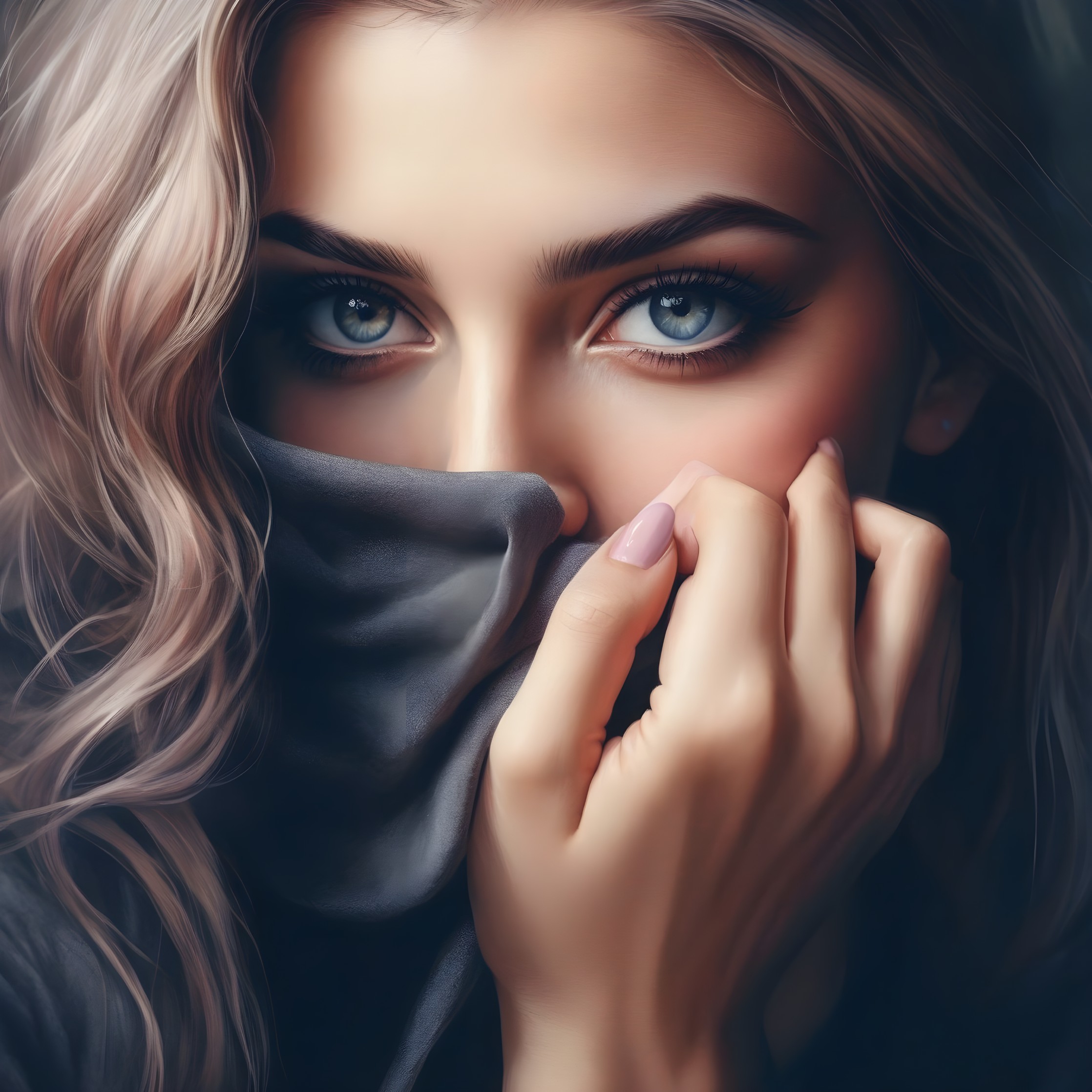 Portrait of woman with blue eyes and blonde hair covered by gray fabric