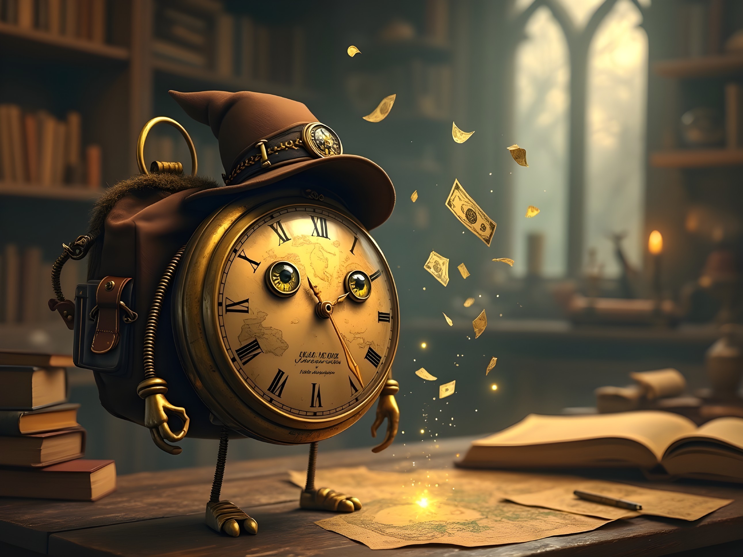 Whimsical Clock Character in Enchanted Room Setting