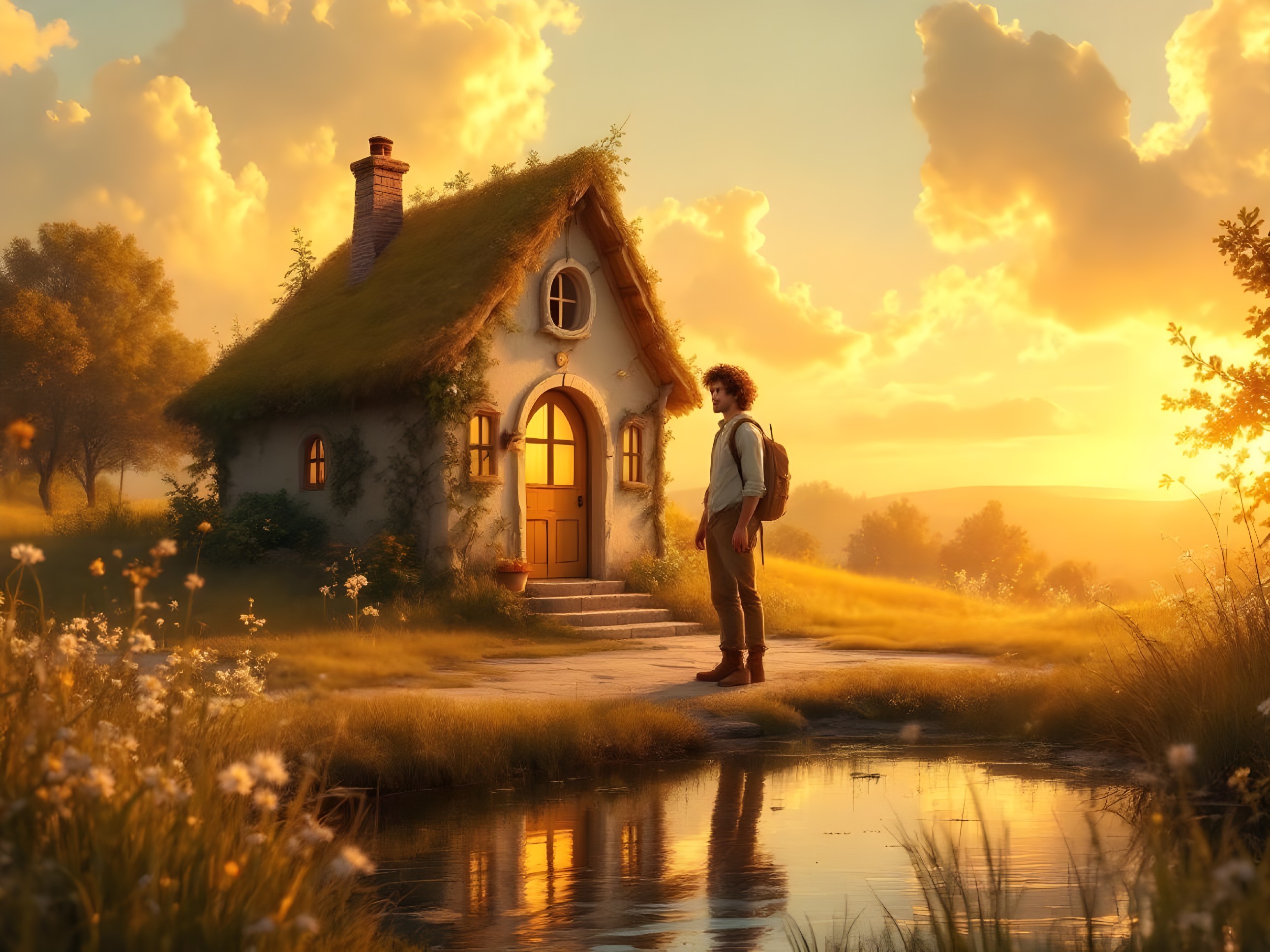 Charming Cottage by Tranquil Pond at Sunset