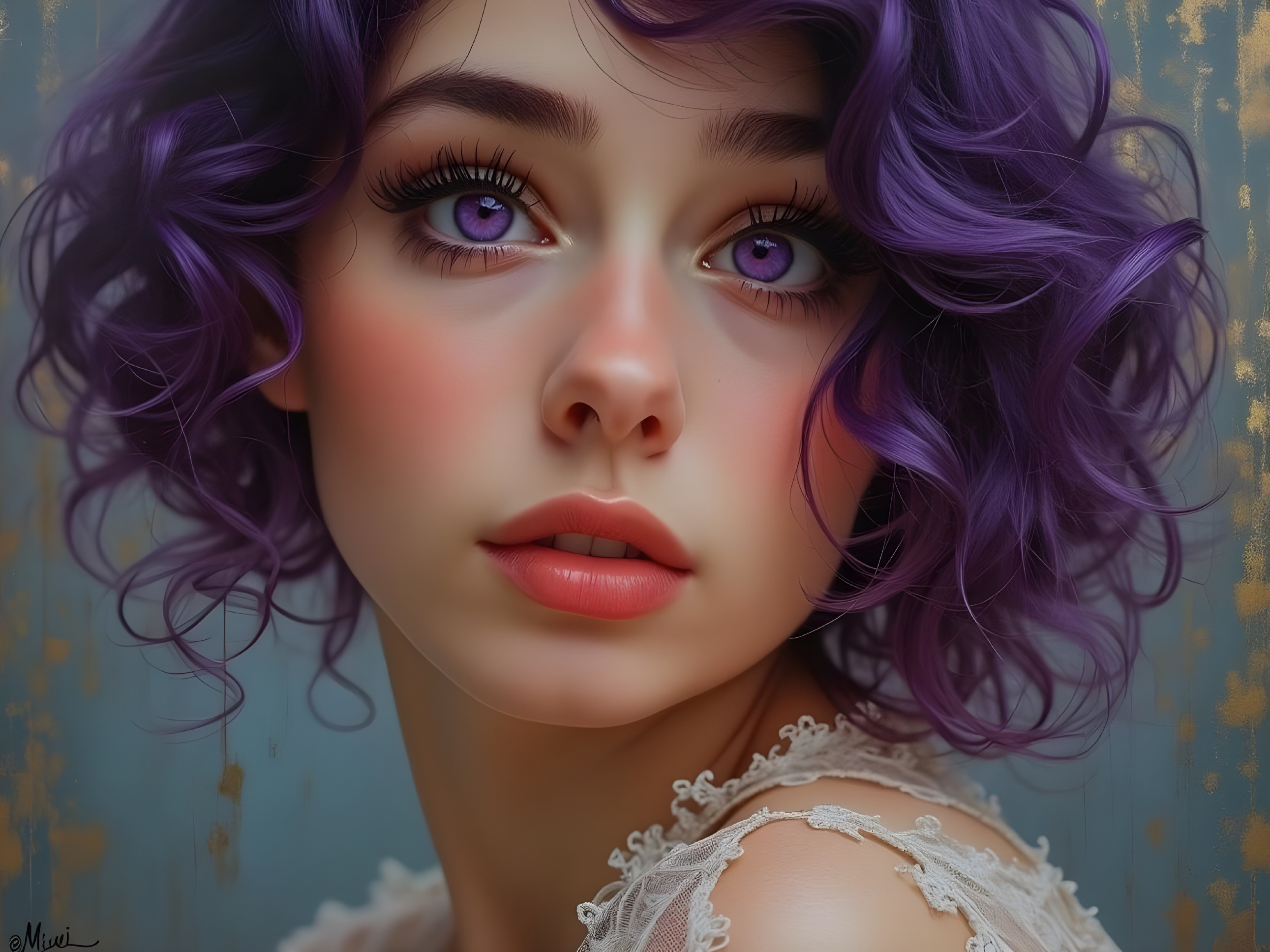 Portrait of a Young Woman with Purple Hair and Lace Top