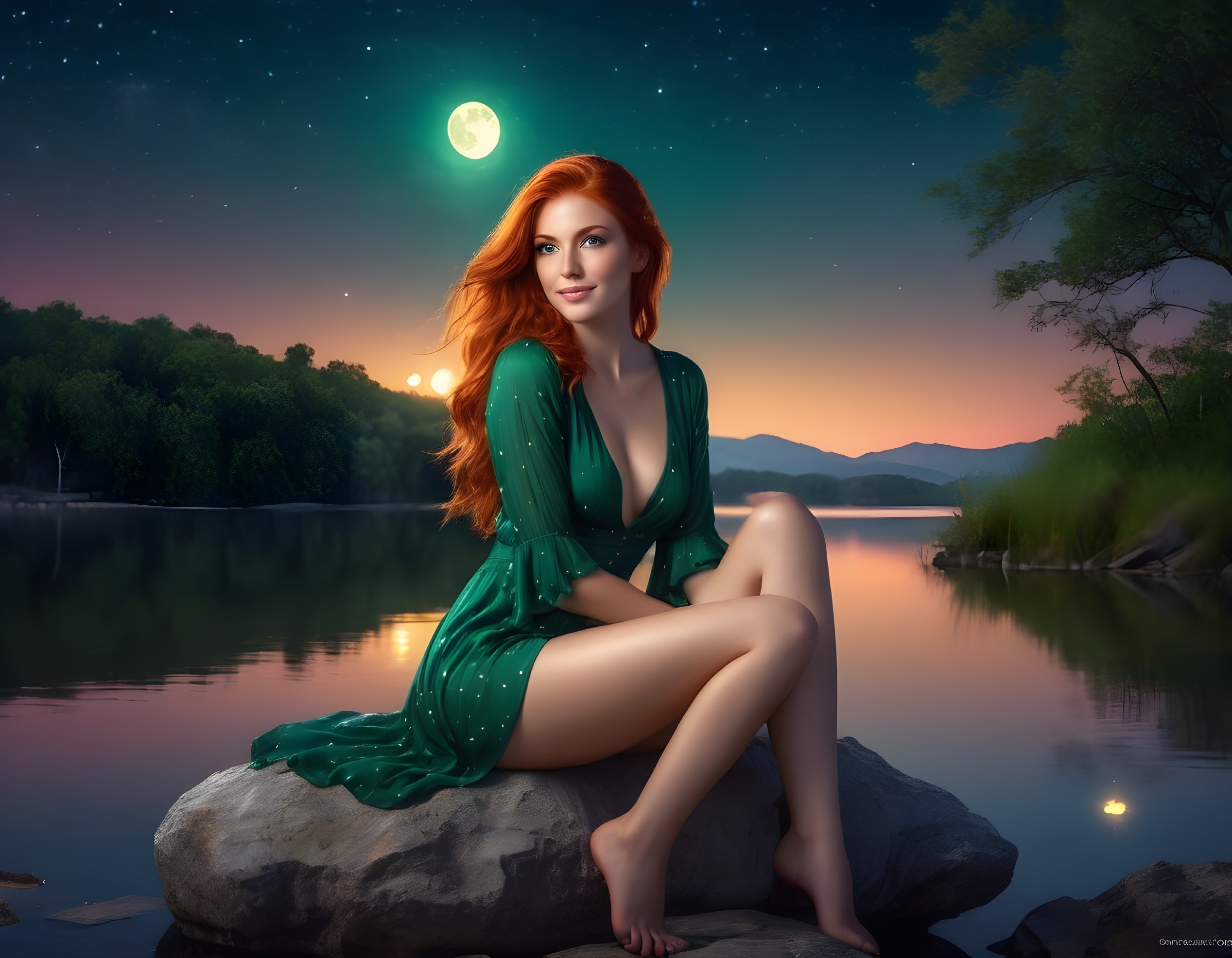 Woman with red hair by lake at twilight in green dress