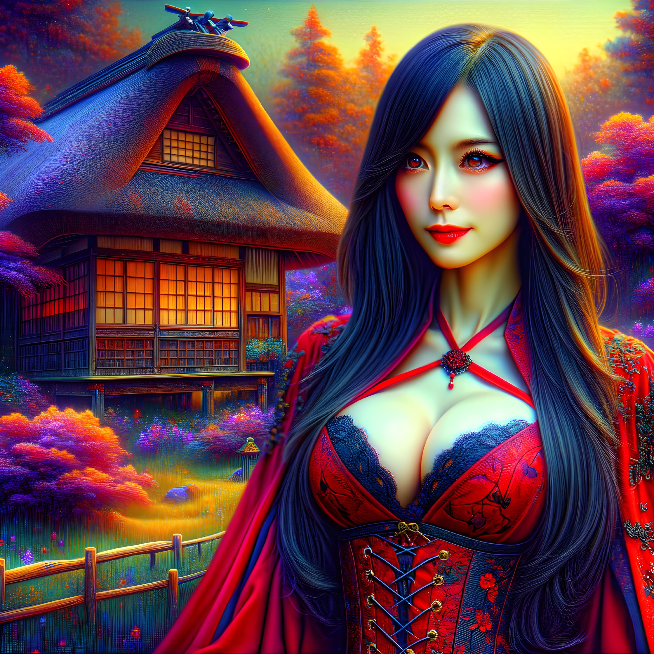 Young Woman in Traditional Japanese Setting with Landscape