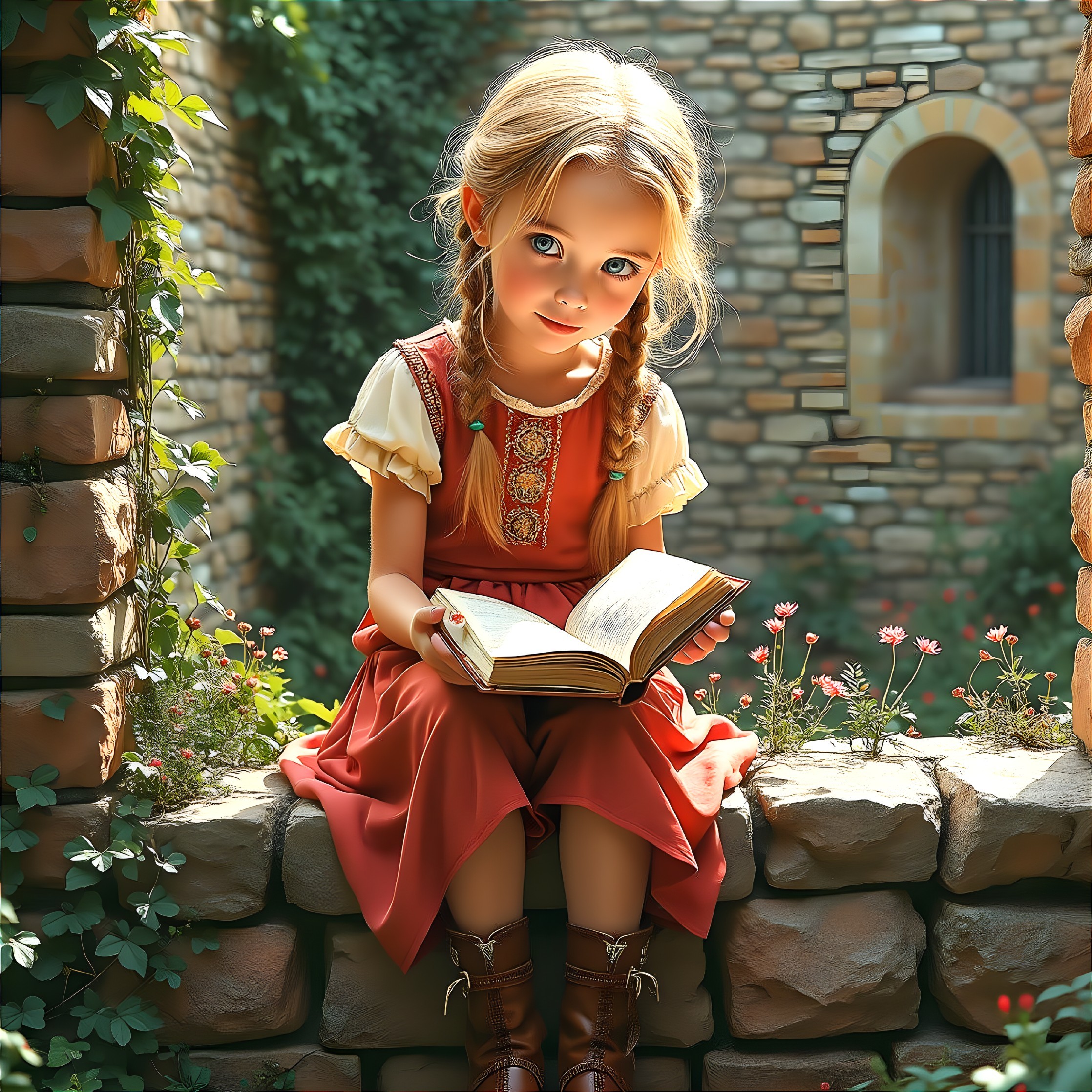 Young Girl in Red Dress Reading in Sunlit Courtyard