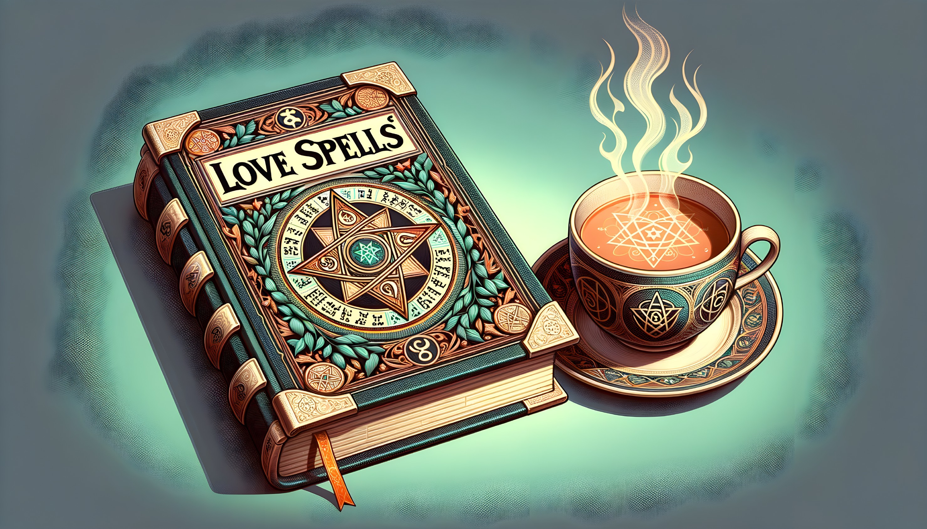 Ornate Book on Love Spells with Mystical Cup and Saucer