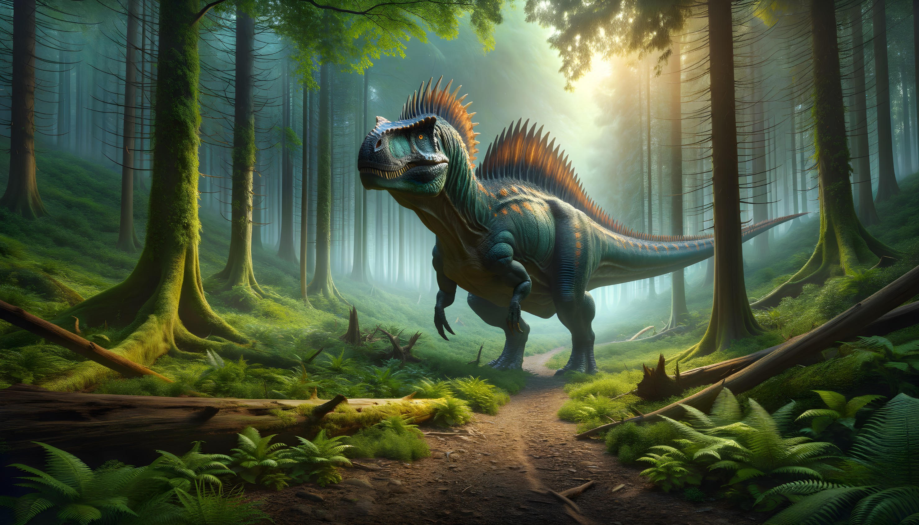 Spinosaurus in a Lush Forest with Sunlight and Ferns