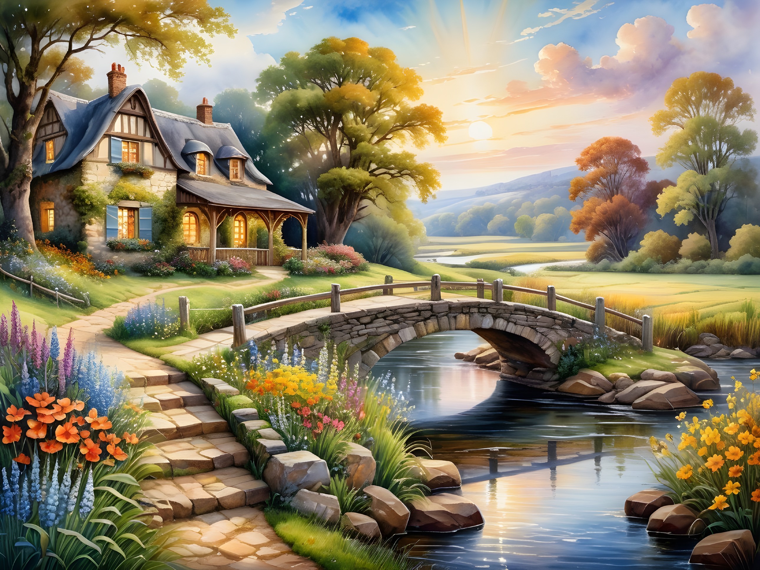 Charming Countryside Scene with Stone Cottage and Bridge
