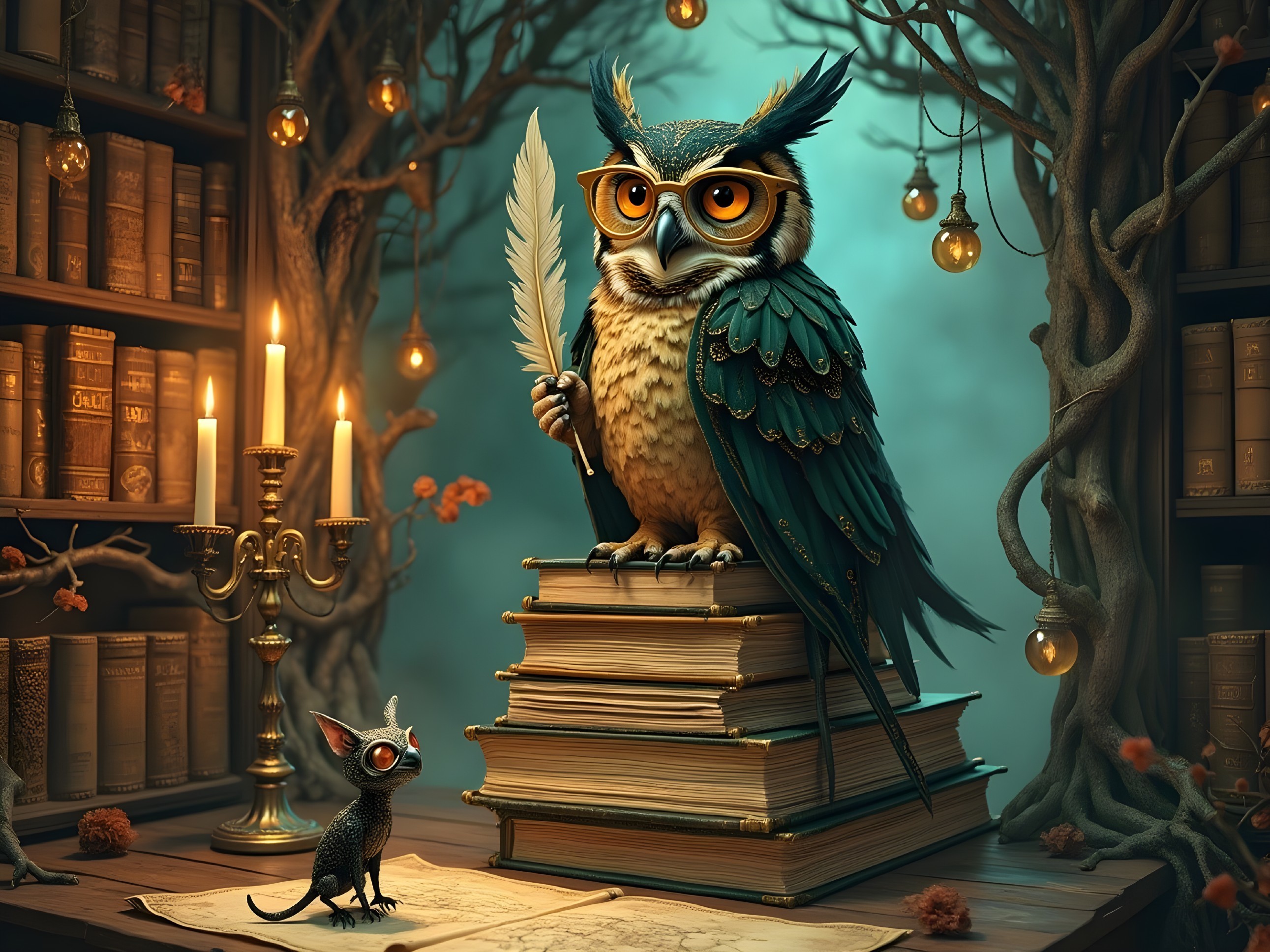 Whimsical Library Scene with Owl and Mischievous Creature