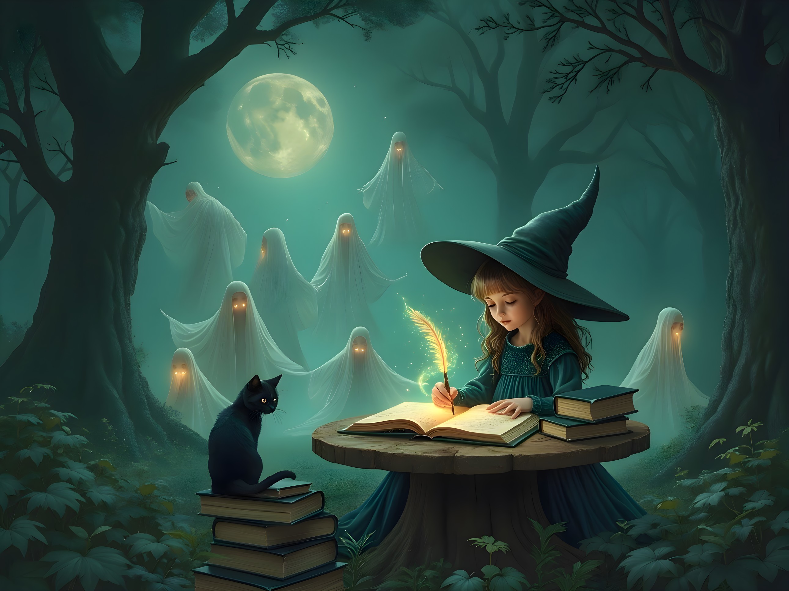 Mystical Forest Scene with Young Witch and Ghostly Figures