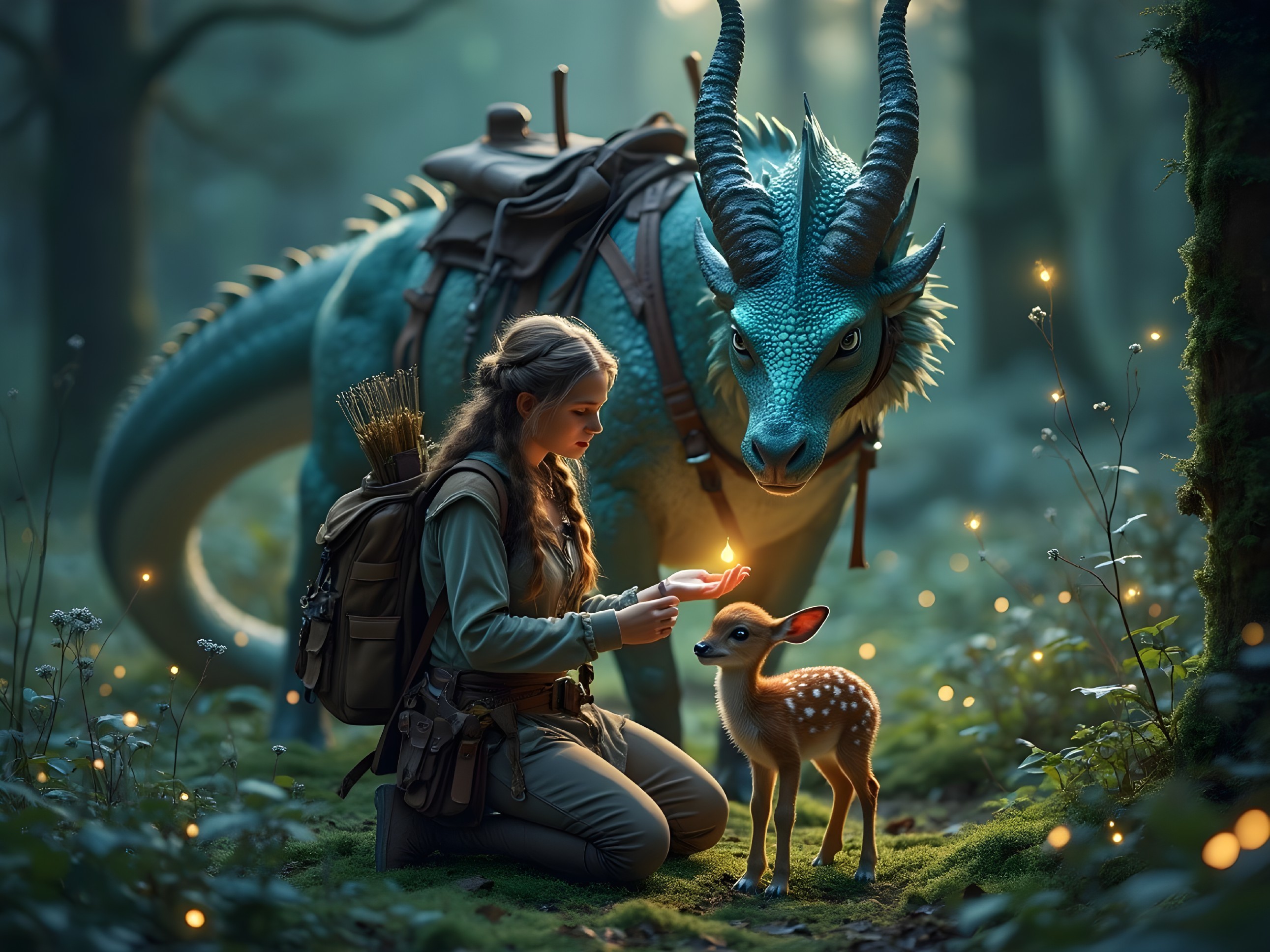 Mystical forest scene with a woman, fawn, and dragon