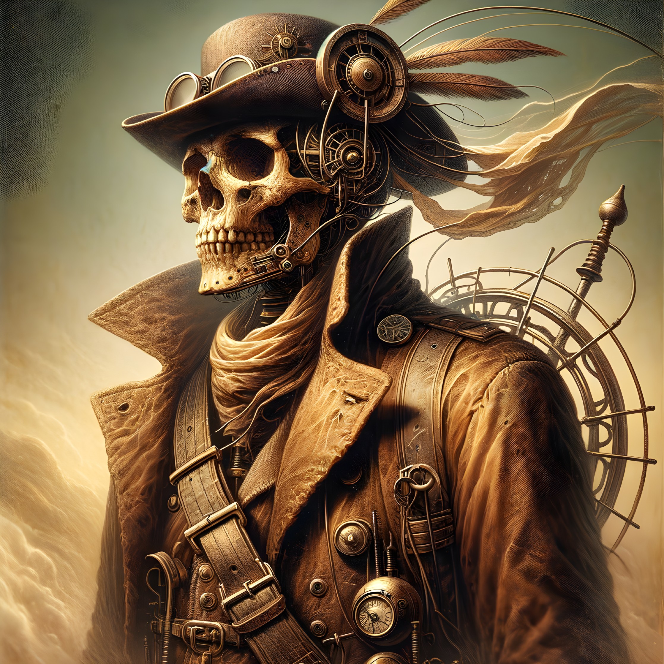 Steampunk-style skull with top hat, monocle, and leather coat on cloudy background