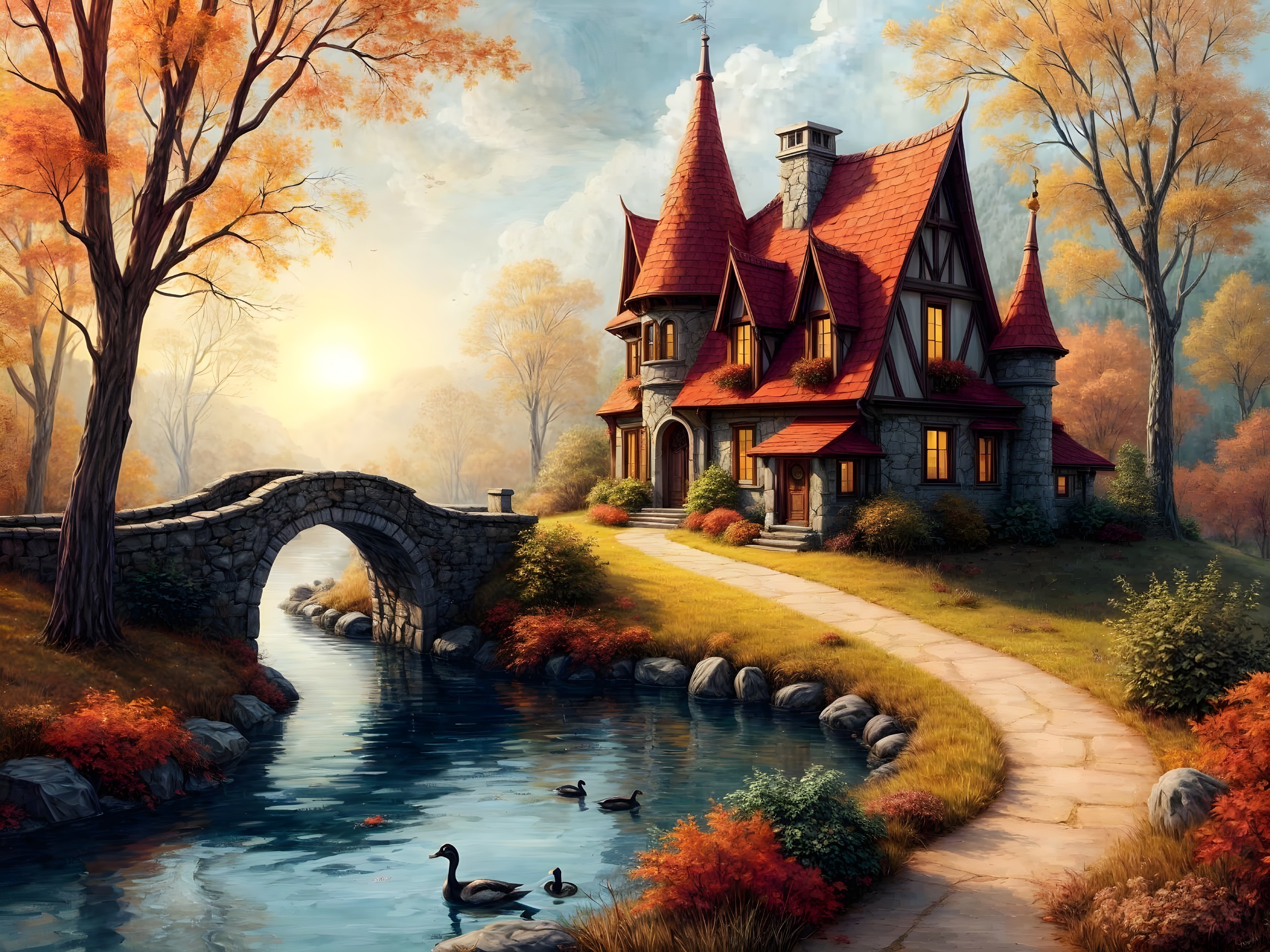 Picturesque Cottage by Tranquil River in Autumn