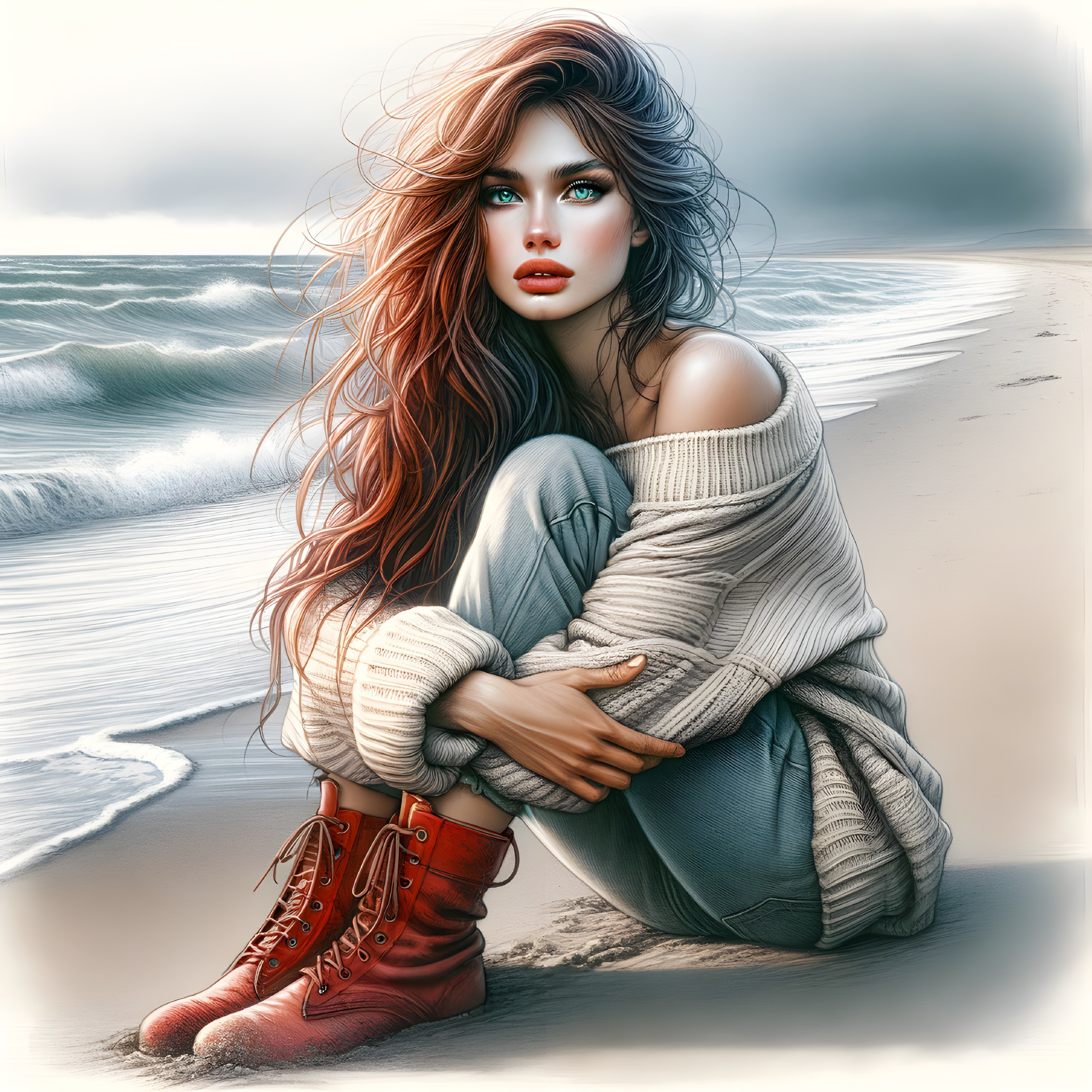 Young Woman in Sweater Contemplating Ocean View