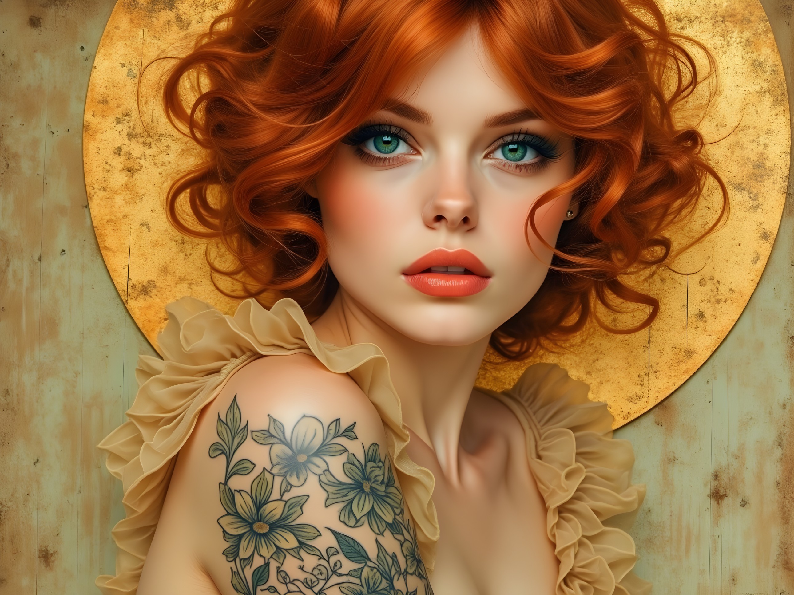 Portrait of a Young Woman with Red Curls and Blue Eyes