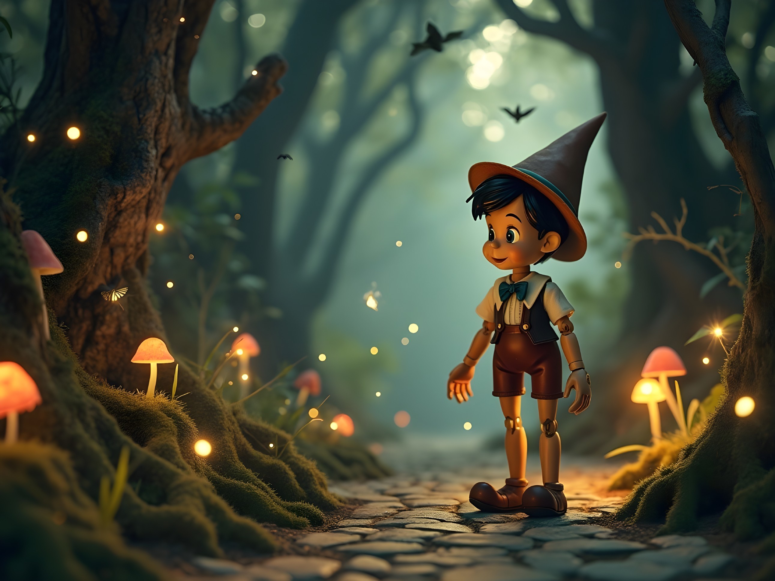 Wooden Puppet in Enchanted Forest Setting