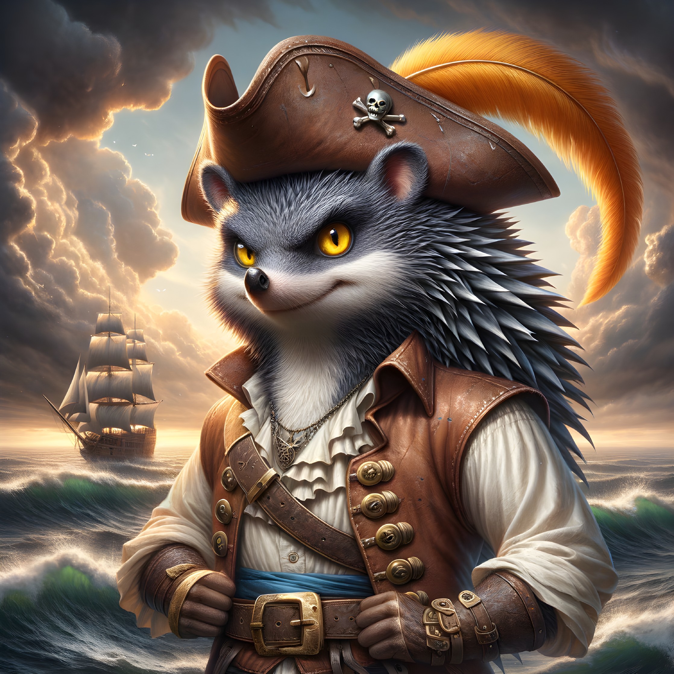 Charismatic Pirate Hedgehog in Dramatic Seascape