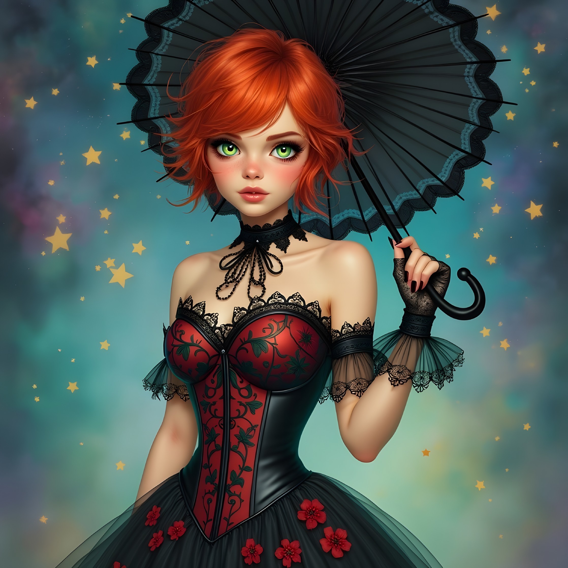 Whimsical Character in Elegant Dress with Parasol