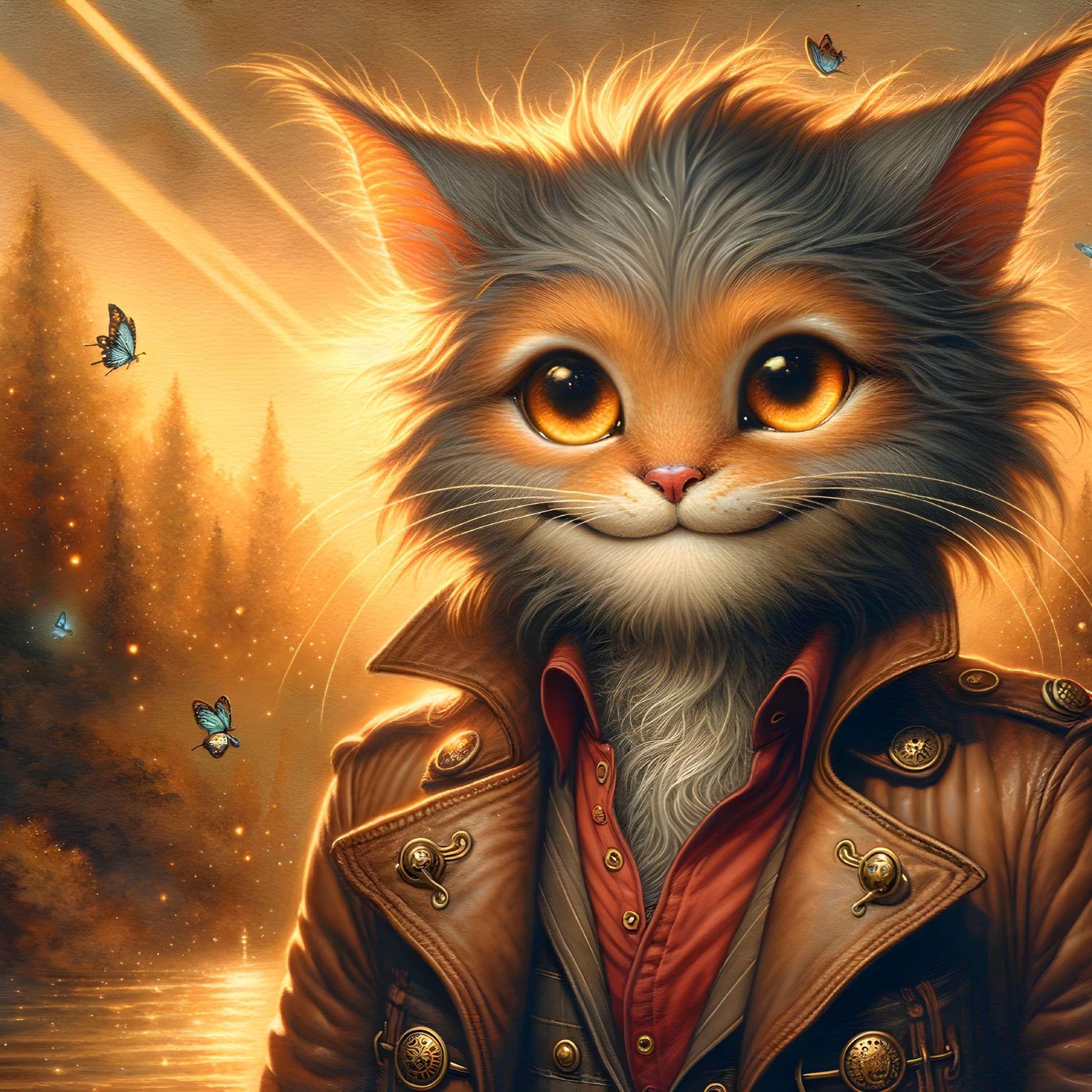 Whimsical Cat in Leather Jacket at Sunset Landscape