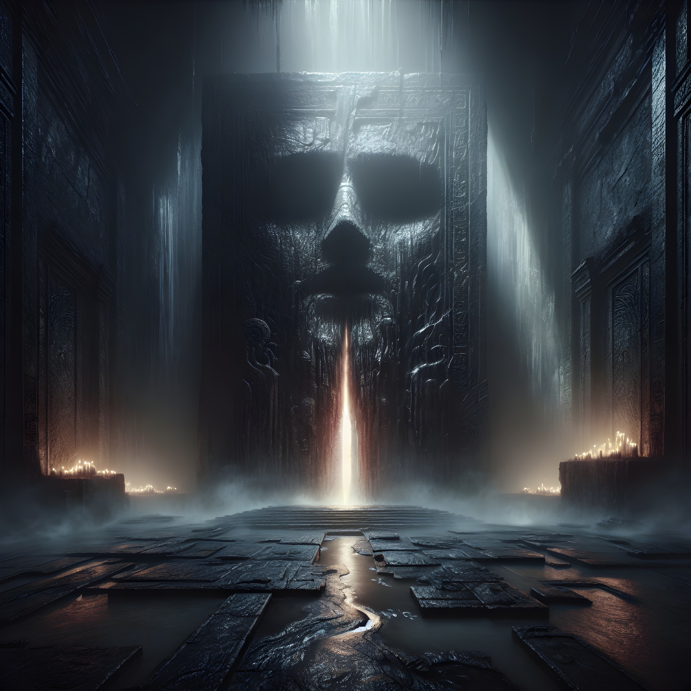 Ancient temple with stone door and flickering candles